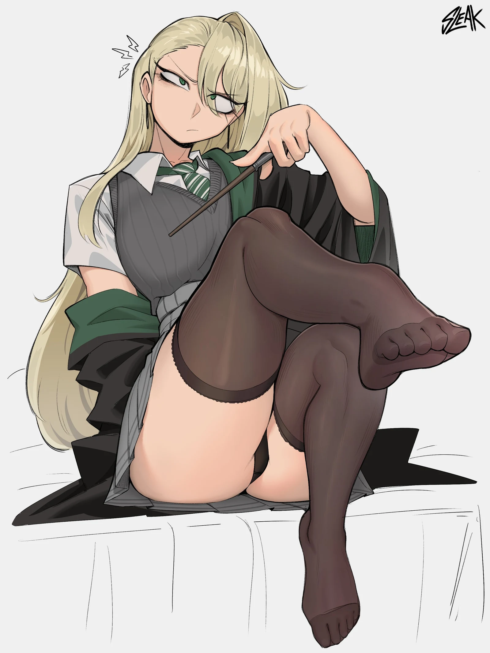 Пост #494: sleak, harry_potter_(series), wizarding_world, malfoid, 1girl, artist_name, black_panties, blonde_hair, brown_thighhighs, closed_mouth, collared_shirt, diagonal-striped_clothes, diagonal-striped_necktie, genderswap, genderswap_(mtf)