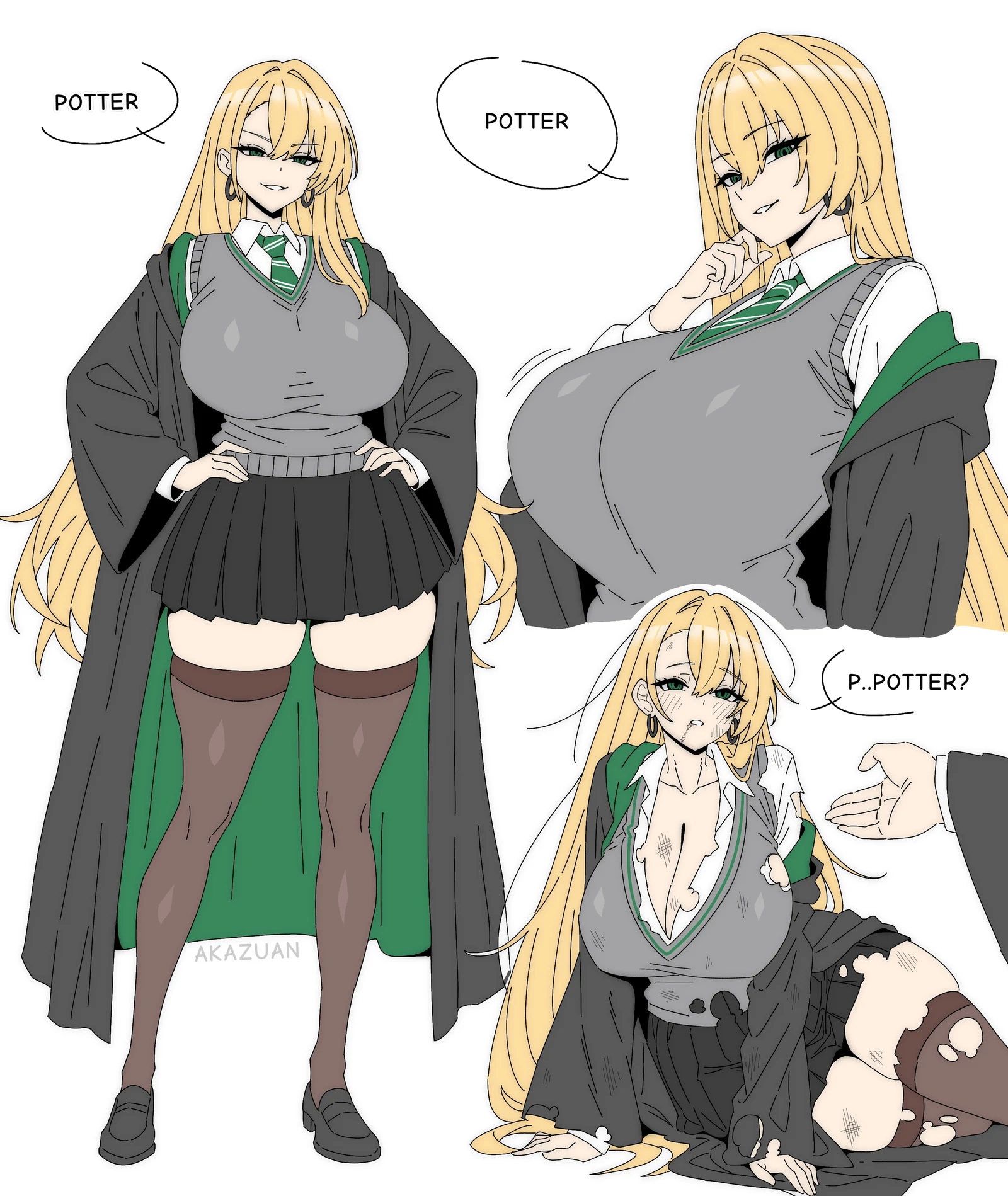 Пост #1036: akazuan_19, harry_potter_(series), wizarding_world, harry_potter, malfoid, 1boy, 1girl, alternate_breast_size_(larger), artist_name, black_cloak, black_shoes, black_skirt, black_sweater, black_thighhighs, blonde_hair