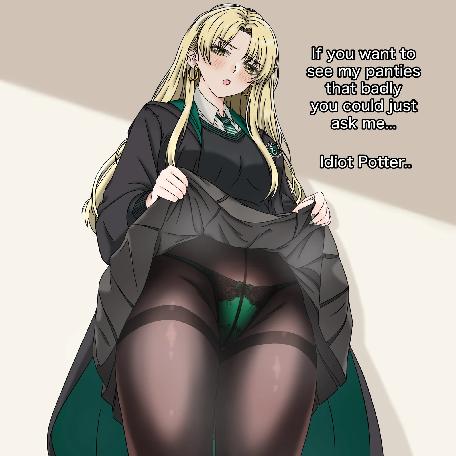 Пост #878: yamato3433, harry_potter_(series), wizarding_world, malfoid, 1girl, black_robe, black_sweater, blonde_hair, blush, bow, bow_panties, breasts, brown_background, brown_pantyhose, clothes_lift