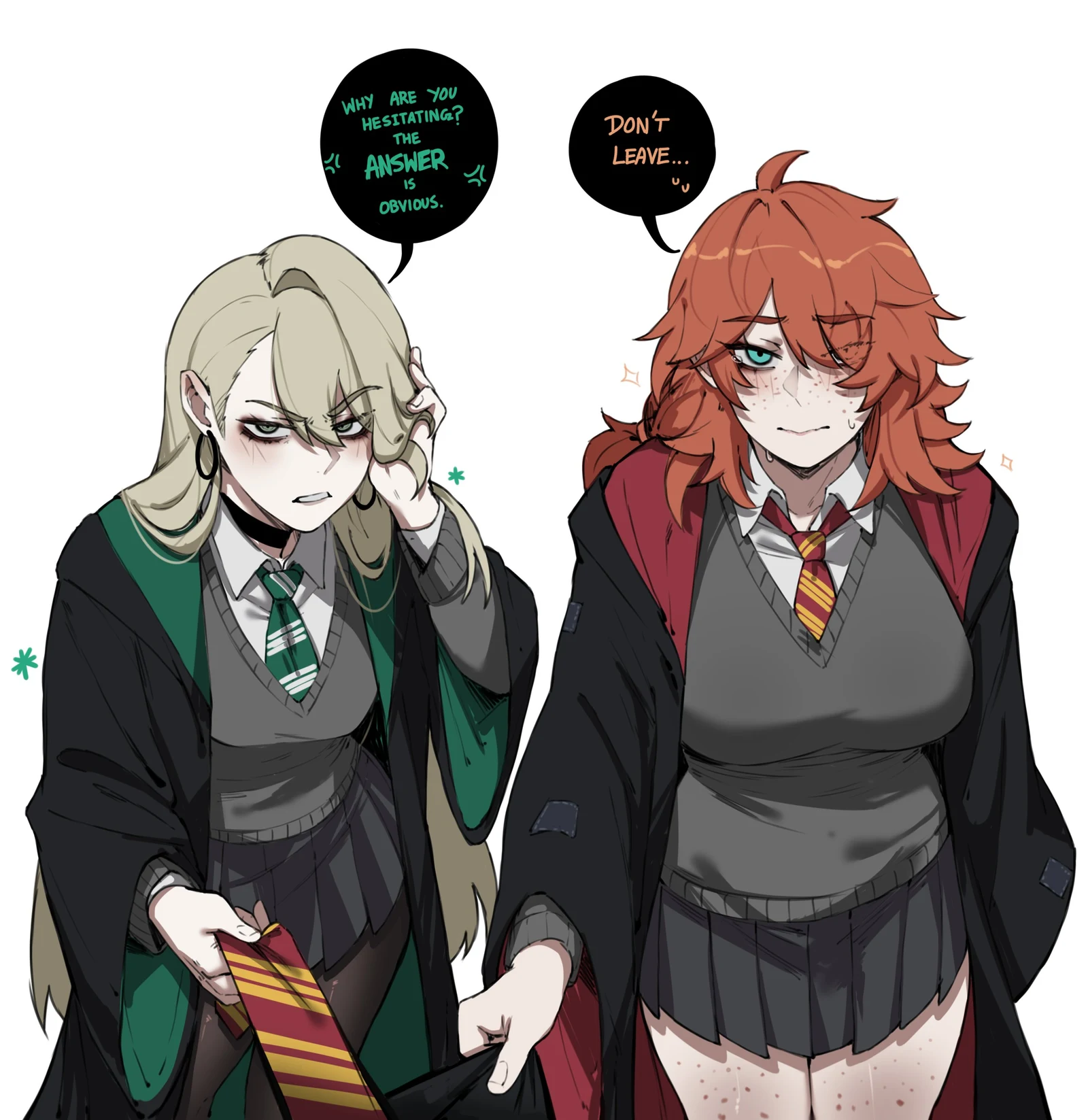 Пост #546: masoq, harry_potter_(series), wizarding_world, harry_potter, malfoid, ron_weasley, 1boy, 2girls, black_choker, black_cloak, black_coat, black_pantyhose, black_skirt, blonde_hair, blue_eyes