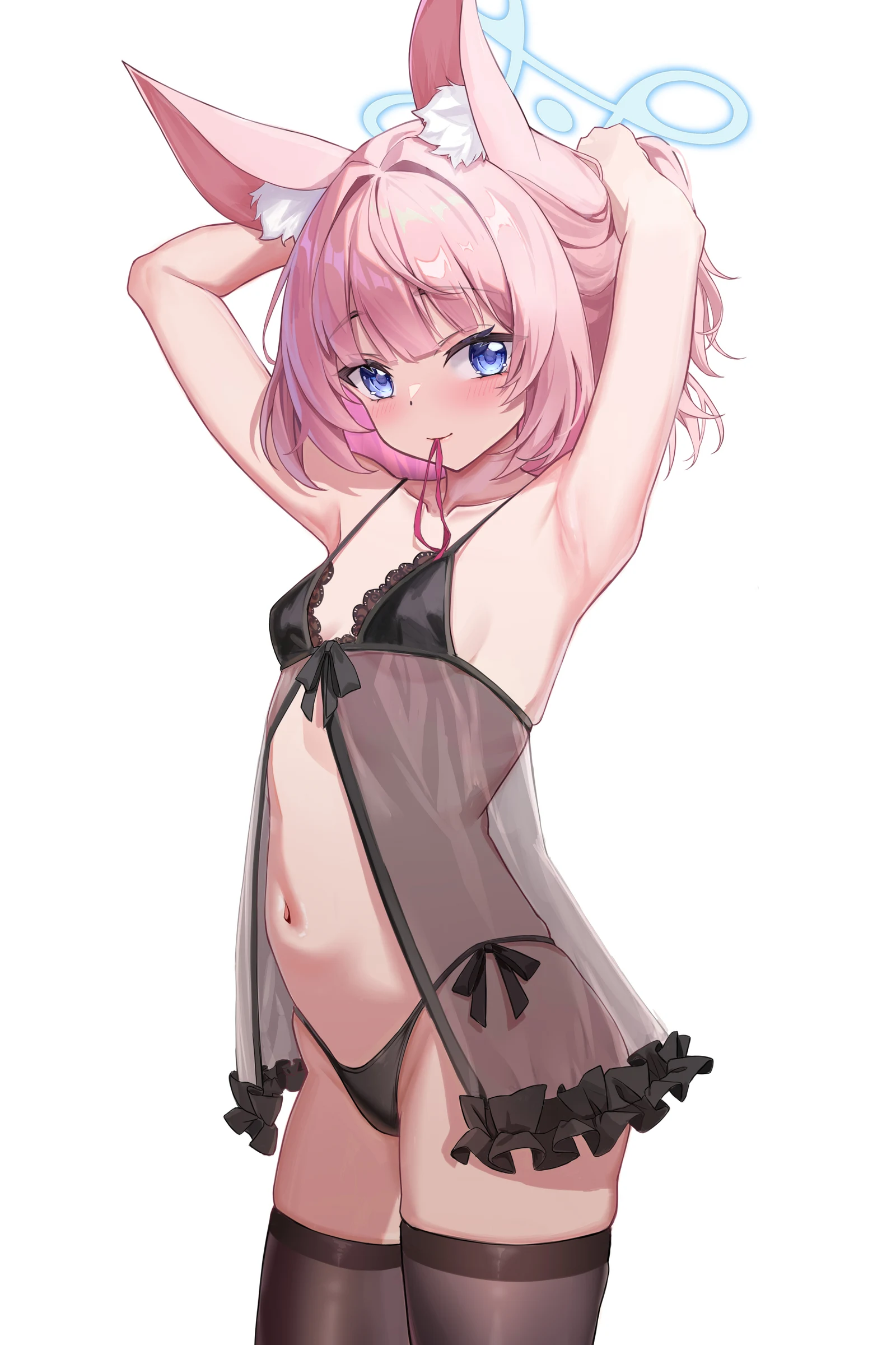 Пост #3236: beiyong_fadian_ji, blue_archive, niko_(blue_archive), 1girl, animal_ear_fluff, animal_ears, armpits, babydoll, black_thighhighs, blue_eyes, blue_halo, blush, breasts, cowboy_shot, fox_ears