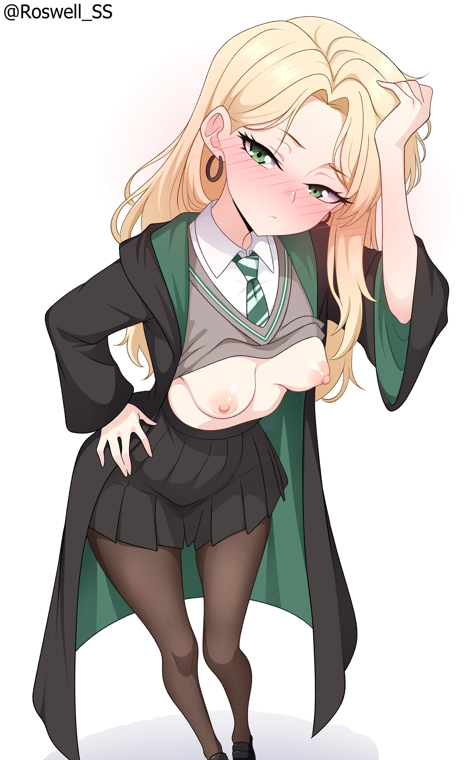 Пост #1032: roswell_ss, harry_potter_(series), wizarding_world, malfoid, 1girl, black_pantyhose, black_robe, black_skirt, blonde_hair, blush, breasts, breasts_out, cardigan, cardigan_lift, diagonal-striped_clothes