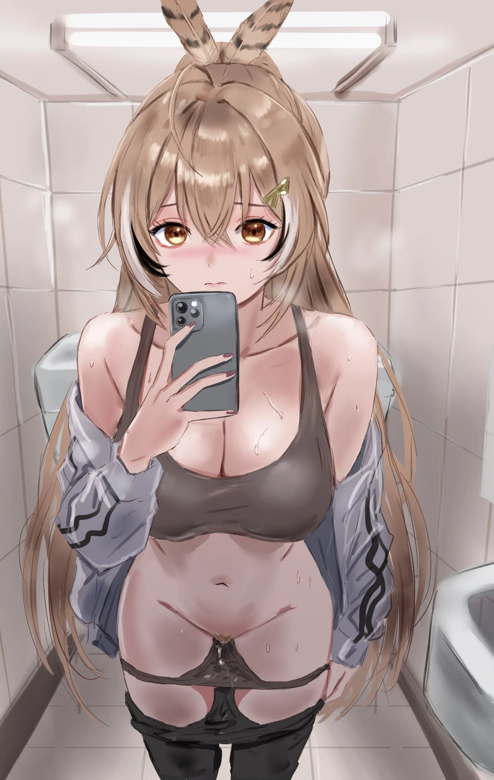 Пост #1796: momi_chan, hololive, hololive_english, nanashi_mumei, 1girl, ahoge, black_streaks, blush, bra, breasts, brown_eyes, brown_hair, brown_panties, brown_pubic_hair, brown_sports_bra
