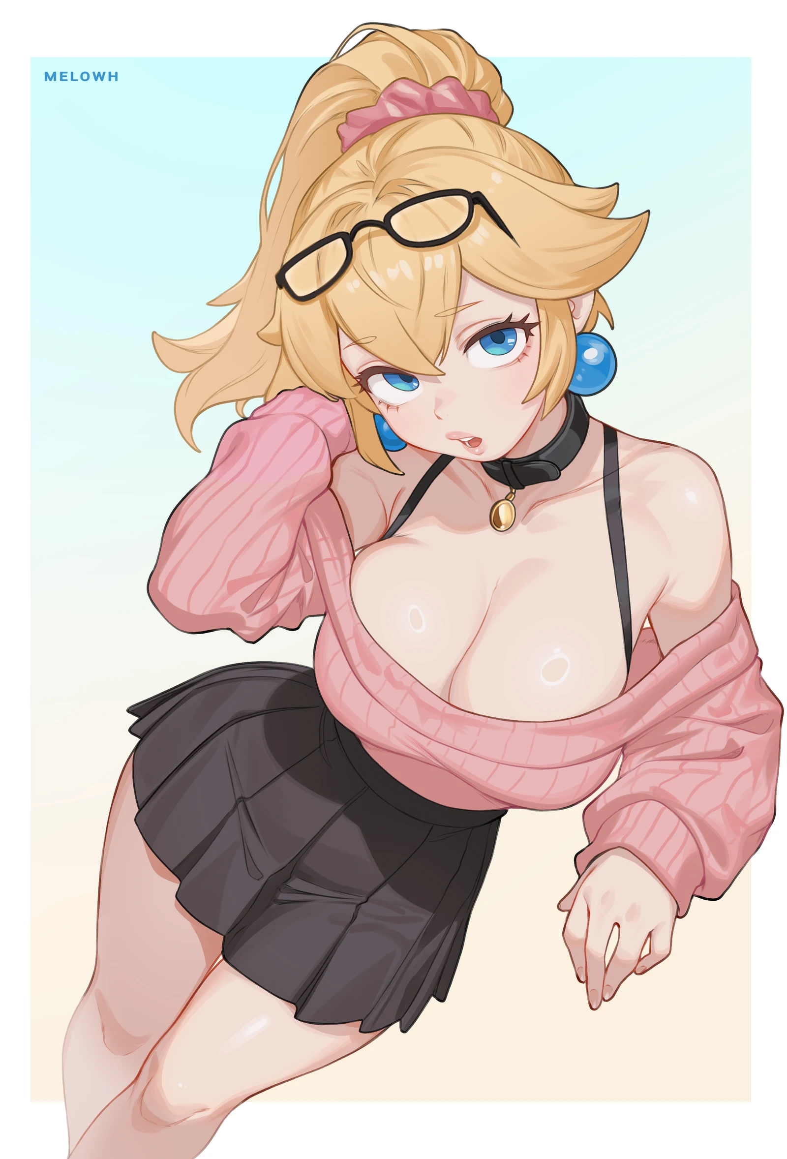 Пост #1234: melowh, mario_(series), princess_peach, 1girl, animal_collar, black_choker, black_skirt, blonde_hair, blue_eyes, bra_strap, breasts, choker, cleavage, collar, eyewear_on_head