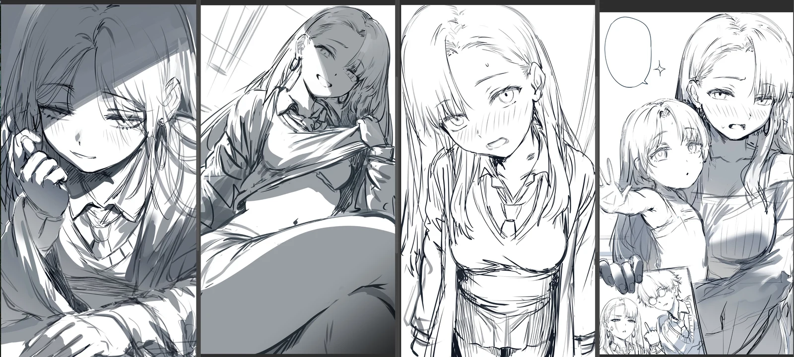 Пост #745: hews, harry_potter_(series), wizarding_world, harry_potter, malfoid, 1boy, 2girls, age_progression, blank_speech_bubble, blush, breasts, clothes_lift, coat, crossed_legs, genderswap