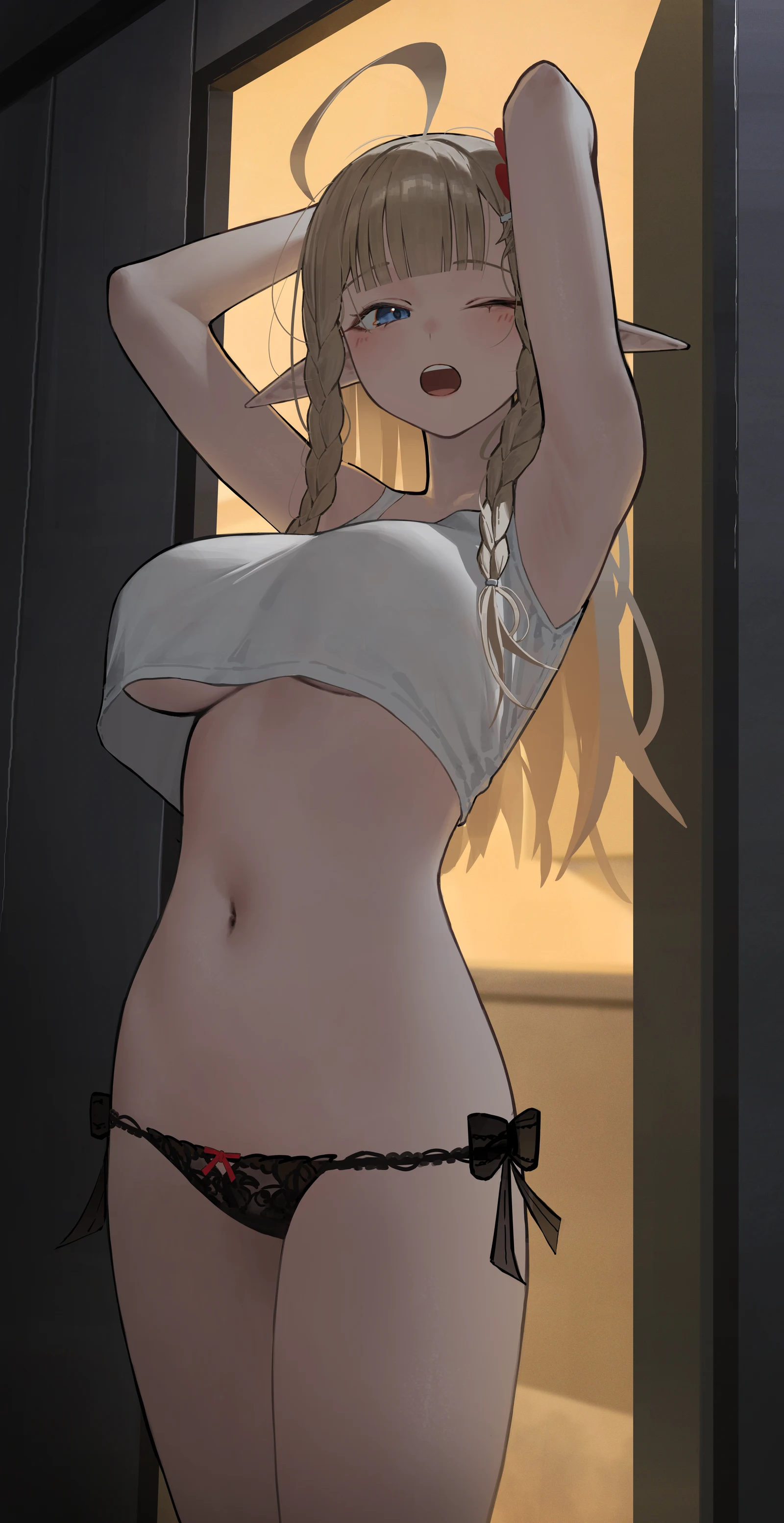 Пост #3511: mizoshi-x, indie_virtual_youtuber, lyydia_(sunako), 1girl, ahoge, arm_up, armpits, arms_behind_head, arms_up, black_panties, blonde_hair, blush, bow, bra, breasts