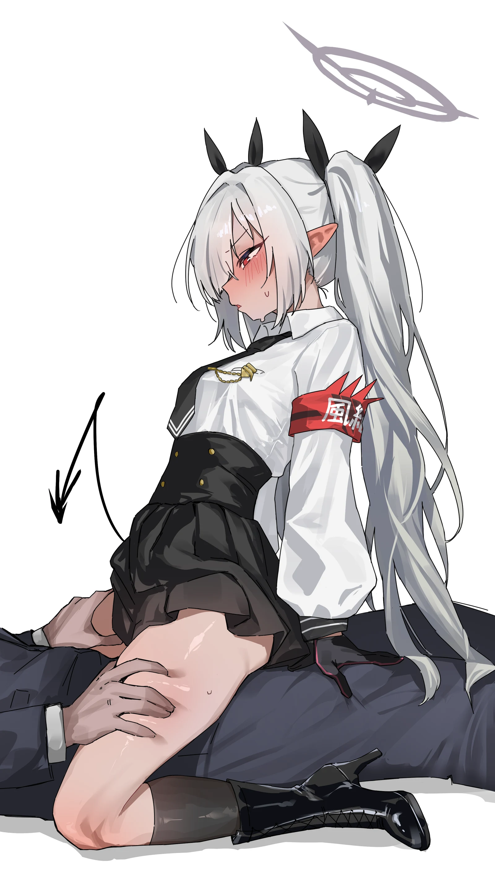Пост #1972: meyu, blue_archive, iori_(blue_archive), 1boy, 1girl, armband, black_boots, black_gloves, black_necktie, black_skirt, black_tail, blush, boots, cowgirl_position, dark_skin