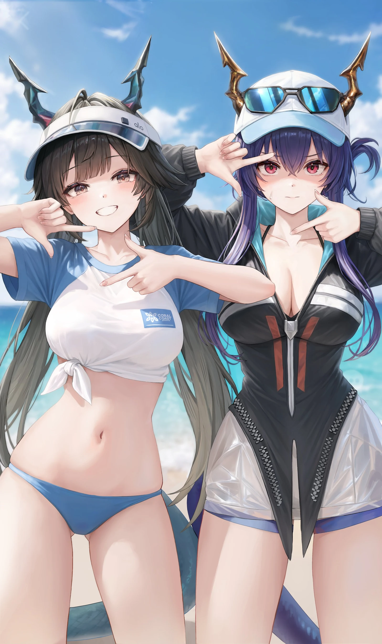 Пост #3072: rizz_(ac_rizz), arknights, arknights:_endfield, ch'en_(arknights), ch'en_the_holungday_(arknights), chen_qianyu_(arknights), 2girls, alternate_costume, baseball_cap, beach, bikini, bikini_bottom_only, black_hair, black_jacket, blue_hair