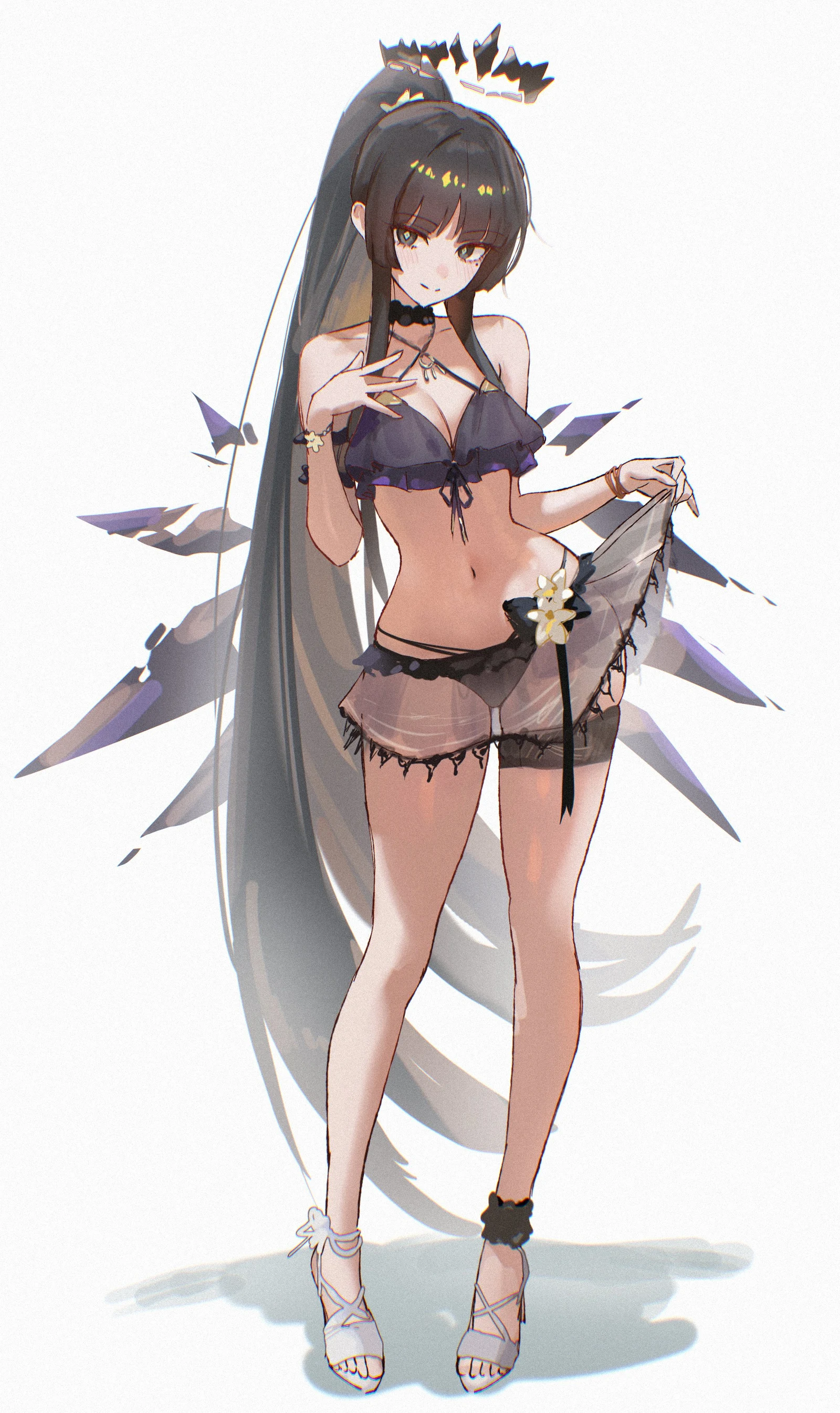 Пост #1910: uof, arknights, virtuosa_(arknights), 1girl, alternate_hairstyle, bikini, black_bikini, black_eyes, black_hair, black_halo, black_wings, blush, bracelet, breasts, broken_halo