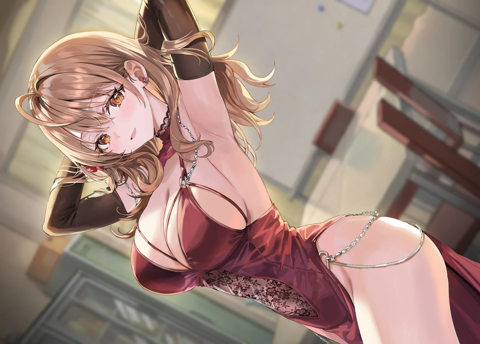 Пост #3468: momoko_(momopoco), tokidoki_bosotto_roshia-go_de_dereru_tonari_no_alya-san, mariya_mikhailovna_kujou, 1girl, ahoge, arm_behind_head, armpits, black_gloves, blurry, blurry_background, breasts, brown_eyes, brown_hair, cleavage, dress
