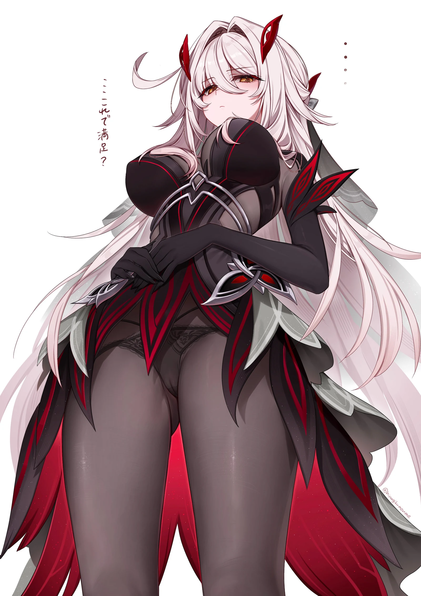 Пост #358: hinagikumonnme, genshin_impact, ronova_(genshin_impact), 1girl, black_bodystocking, black_dress, black_gloves, black_panties, breasts, cameltoe, closed_mouth, dress, from_below, gloves, large_breasts
