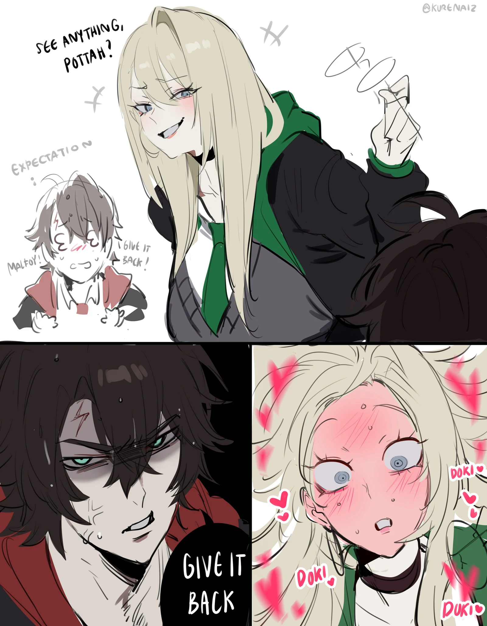 Пост #544: kurenaiz_(kuayrenaiz), harry_potter_(series), wizarding_world, harry_potter, malfoid, 1boy, 1girl, black_hair, black_robe, blush, breasts, cleavage, diagonal-striped_clothes, diagonal-striped_necktie, earrings