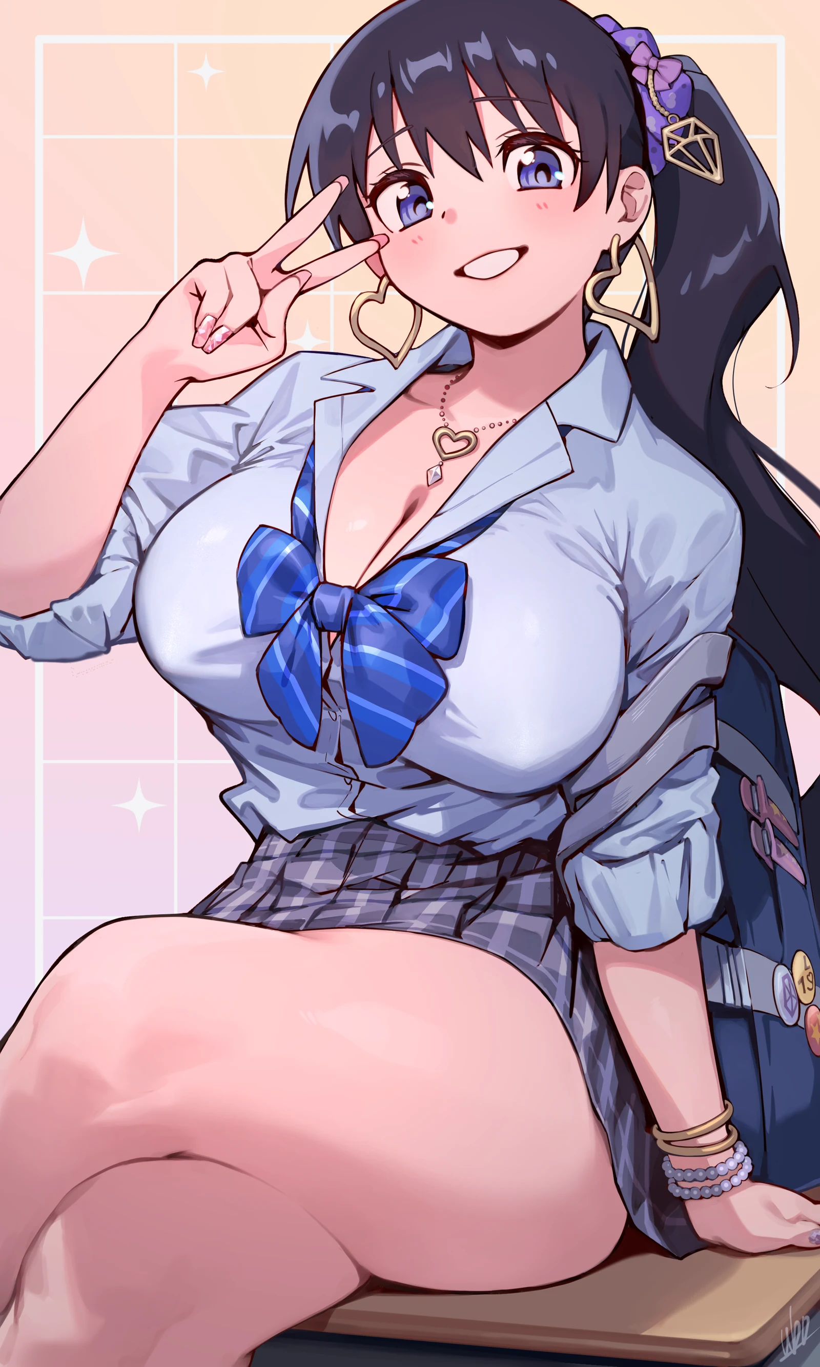 Пост #152: ubo_(ubo_tales), ruri_no_houseki, arato_nagi, 1girl, bead_bracelet, beads, black_hair, blue_bow, blue_bowtie, blue_eyes, blue_shirt, blue_skirt, bow, bowtie, bracelet