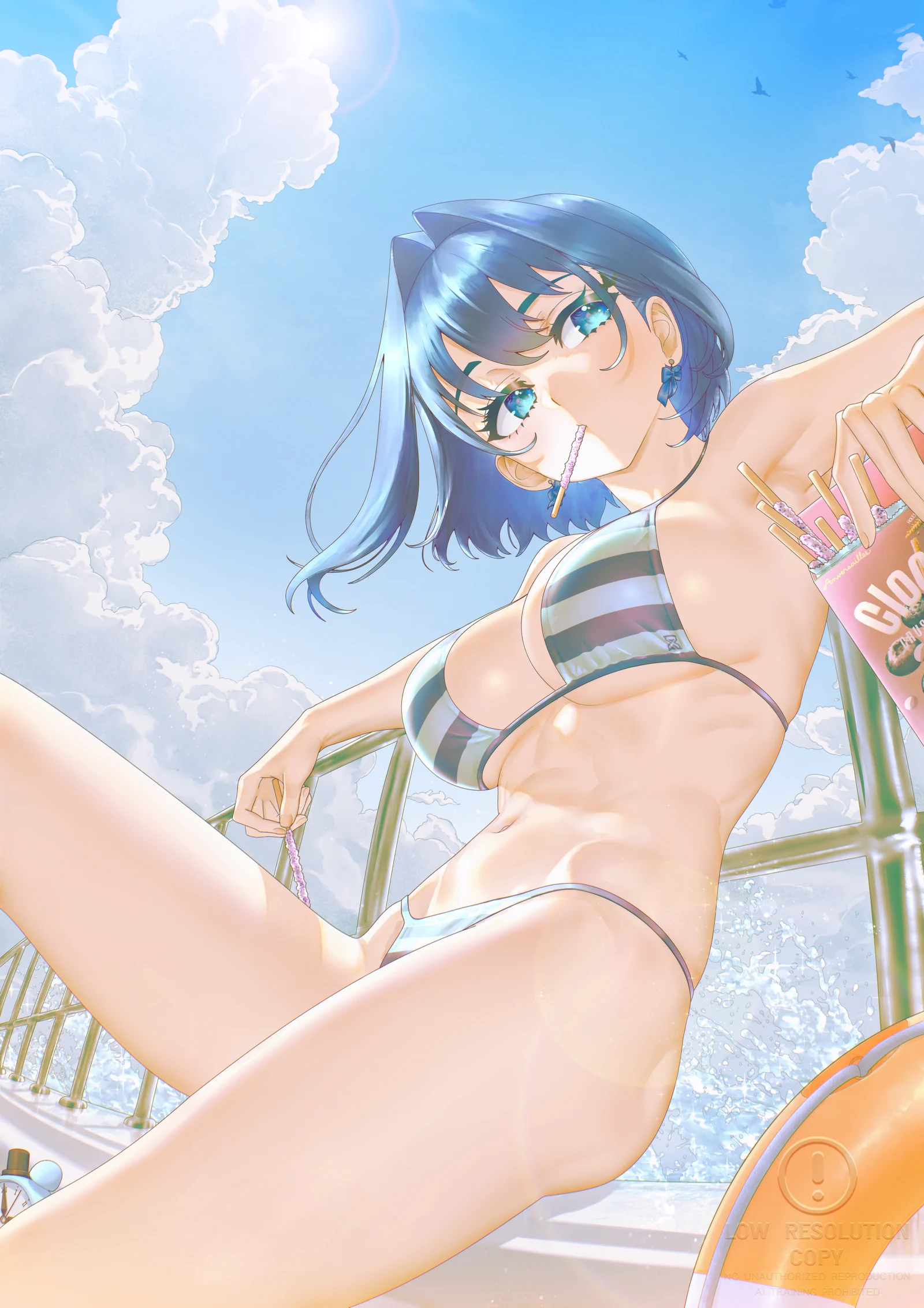 Пост #260: anversailles, hololive, hololive_english, kronie_(ouro_kronii), ouro_kronii, 1girl, armpits, bikini, blue_eyes, blue_hair, blue_sky, breasts, chain, chain_headband, cleavage