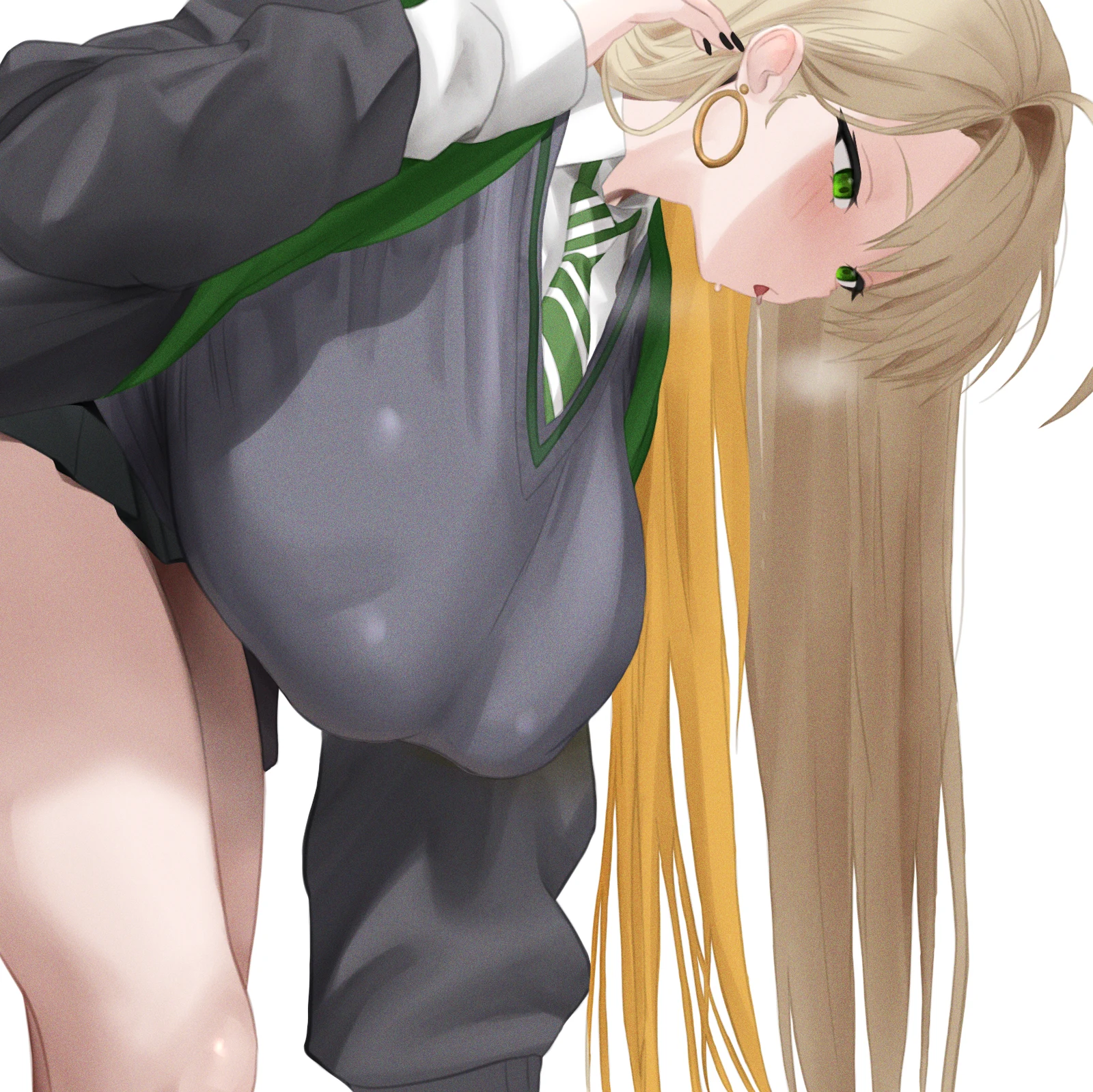 Пост #919: d5y0m, harry_potter_(series), wizarding_world, malfoid, 1girl, black_nails, black_robe, black_sweater, blonde_hair, blush, breasts, covered_nipples, diagonal-striped_clothes, diagonal-striped_necktie, earrings