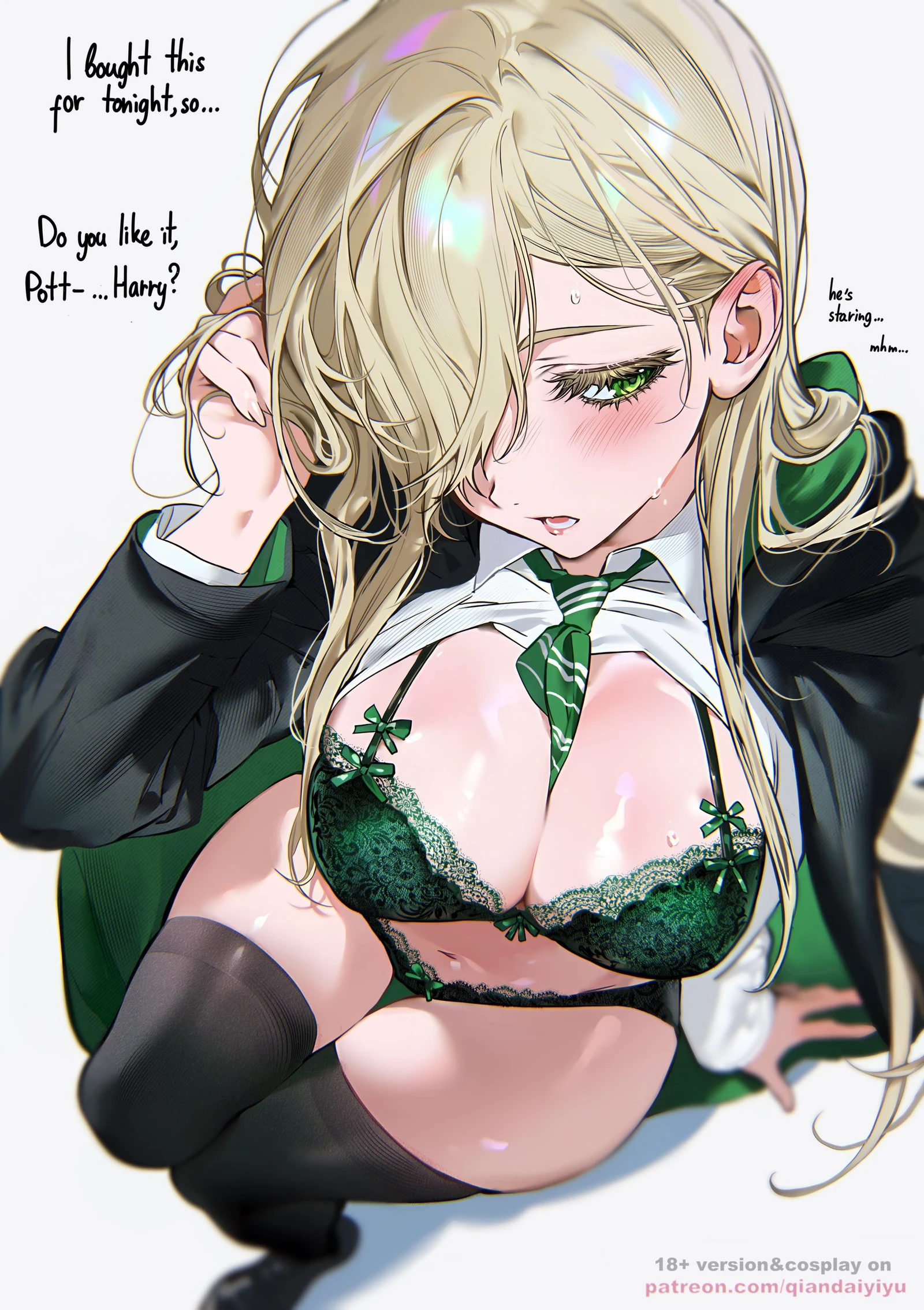 Пост #489: qiandaiyiyu, harry_potter_(series), wizarding_world, malfoid, 1girl, black_thighhighs, blonde_hair, blush, bow, bow_bra, bow_panties, bra, breasts, cleavage, collared_shirt