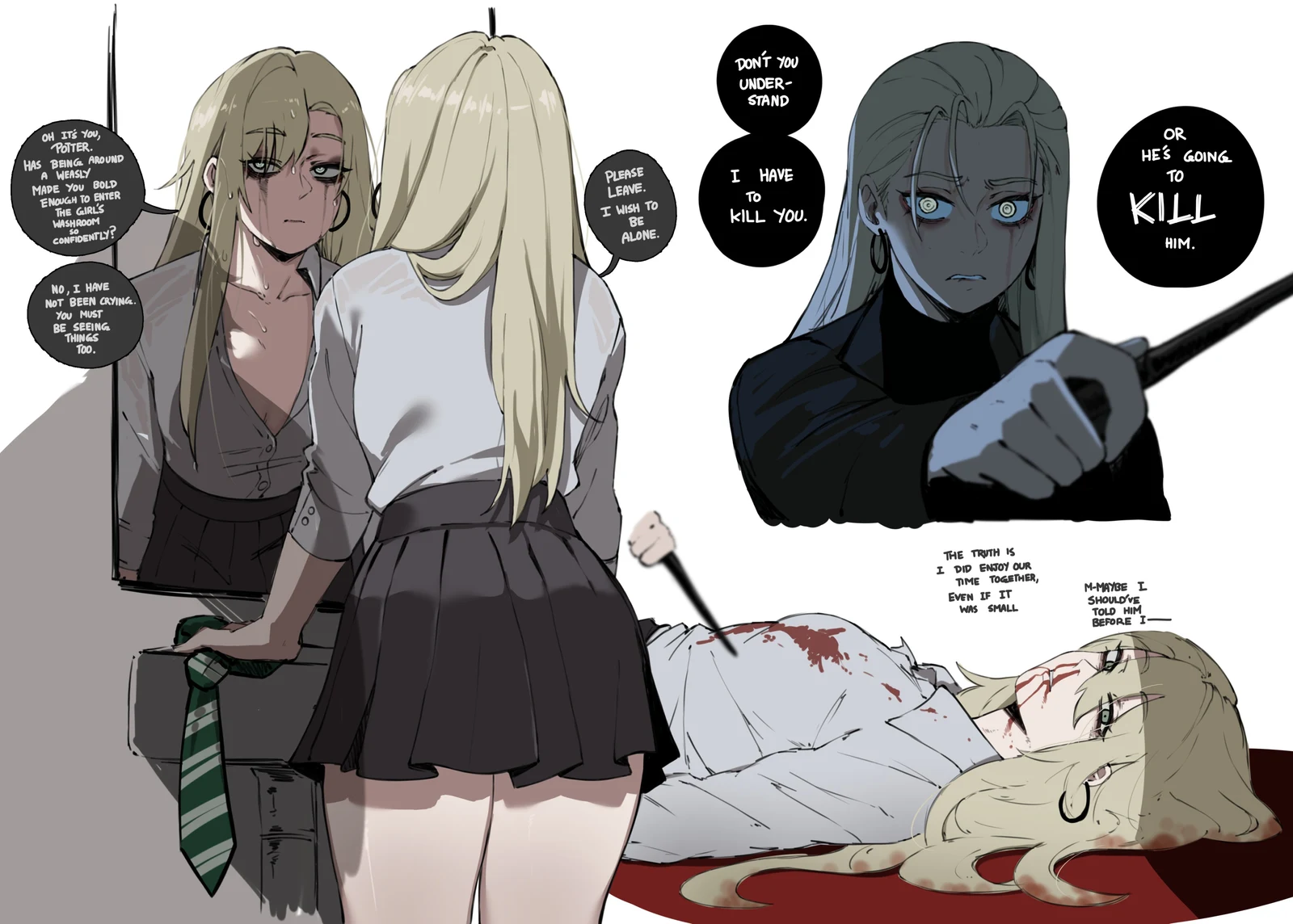 Пост #726: masoq, chainsaw_man, harry_potter_(series), harry_potter_and_the_half-blood_prince, wizarding_world, malfoid, 1girl, ass, black_skirt, blonde_hair, blood, closed_mouth, collarbone, collared_shirt, diagonal-striped_clothes