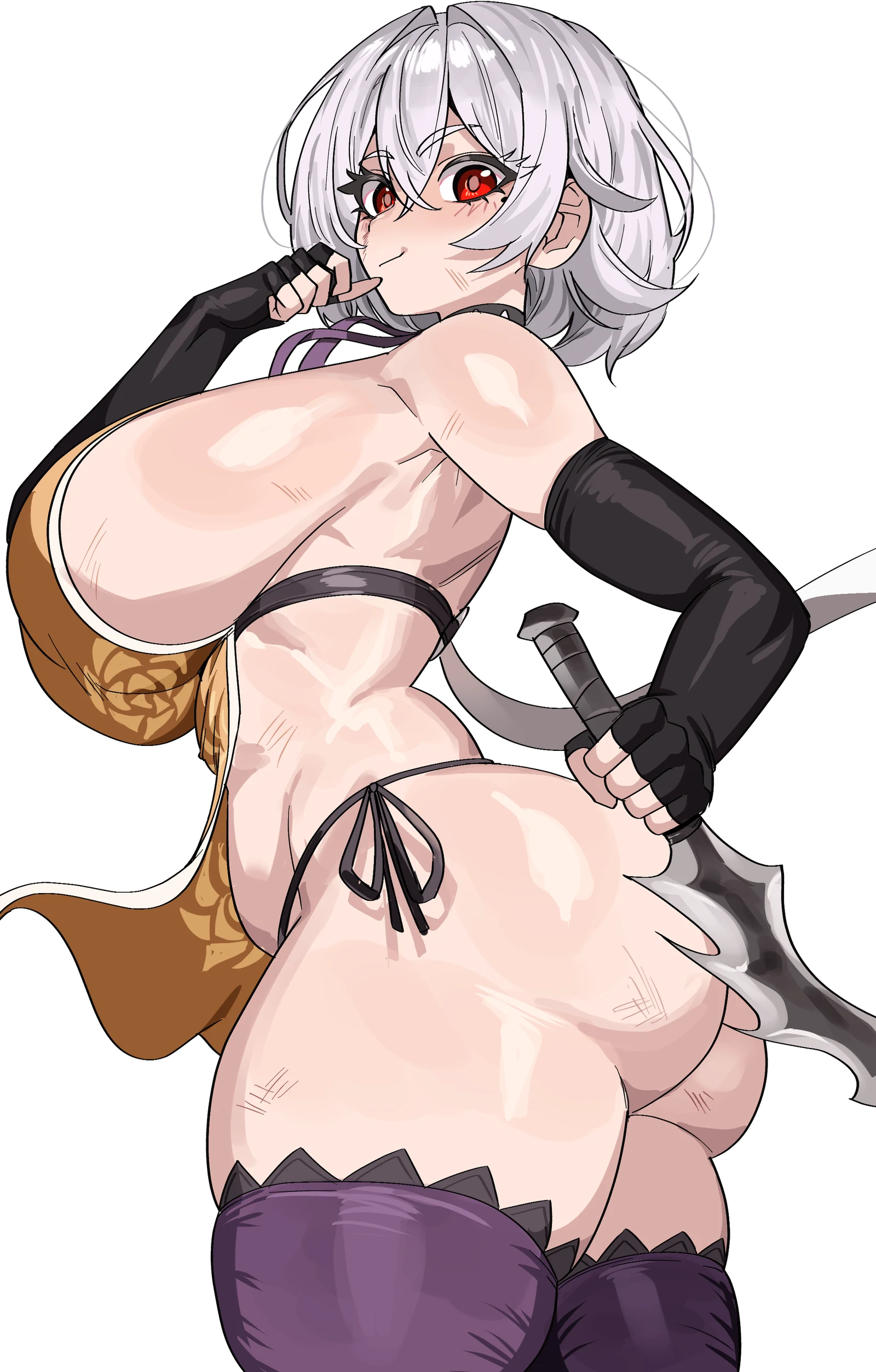 Пост #2759: gamjasssak, original, artier's_character, 1girl, ass, breasts, dagger, elbow_gloves, from_behind, gloves, huge_breasts, knife, looking_at_viewer, looking_back, mole