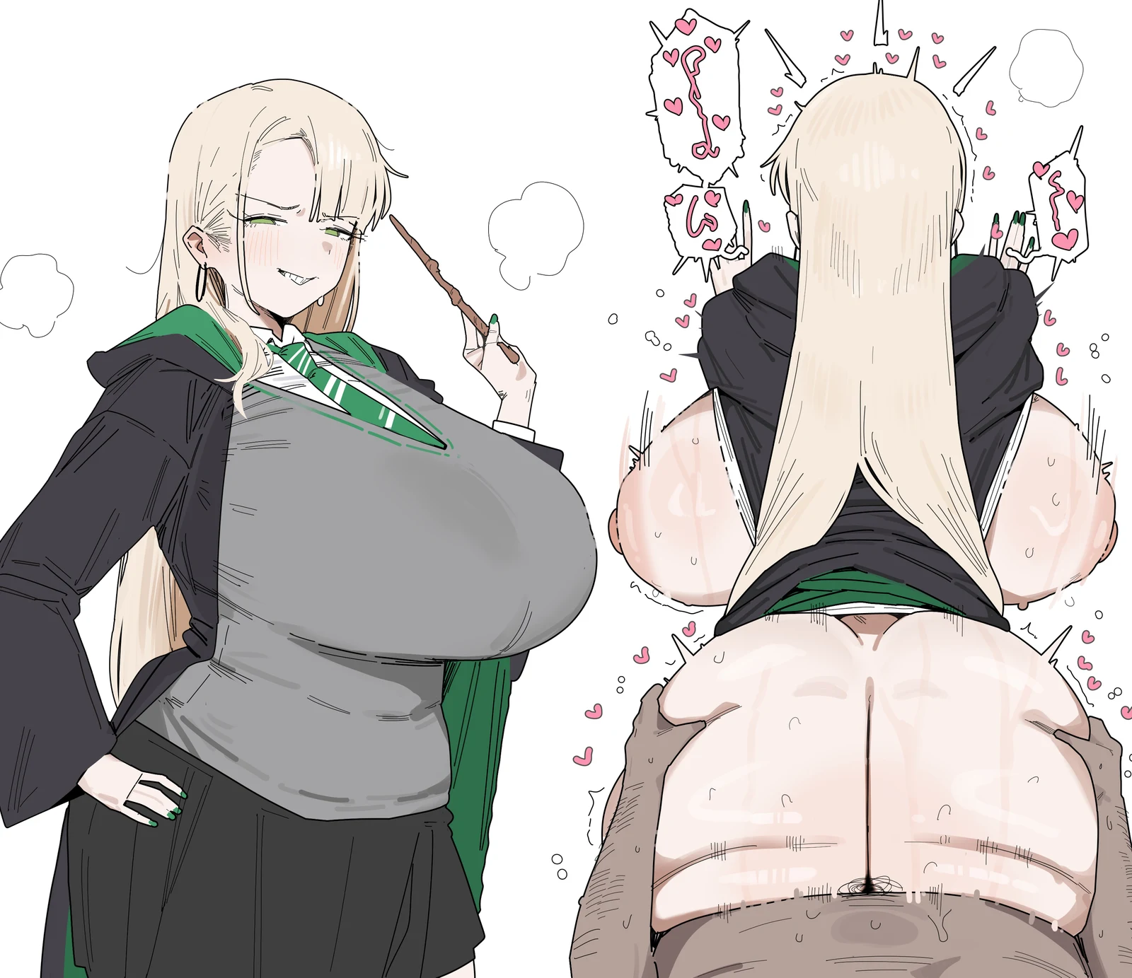 Пост #716: citizen_k_(pngj5475), harry_potter_(series), wizarding_world, malfoid, 1boy, 1girl, ass, ass_ripple, black_skirt, blonde_hair, breasts, curvy, dark_skin, dark-skinned_male, earrings