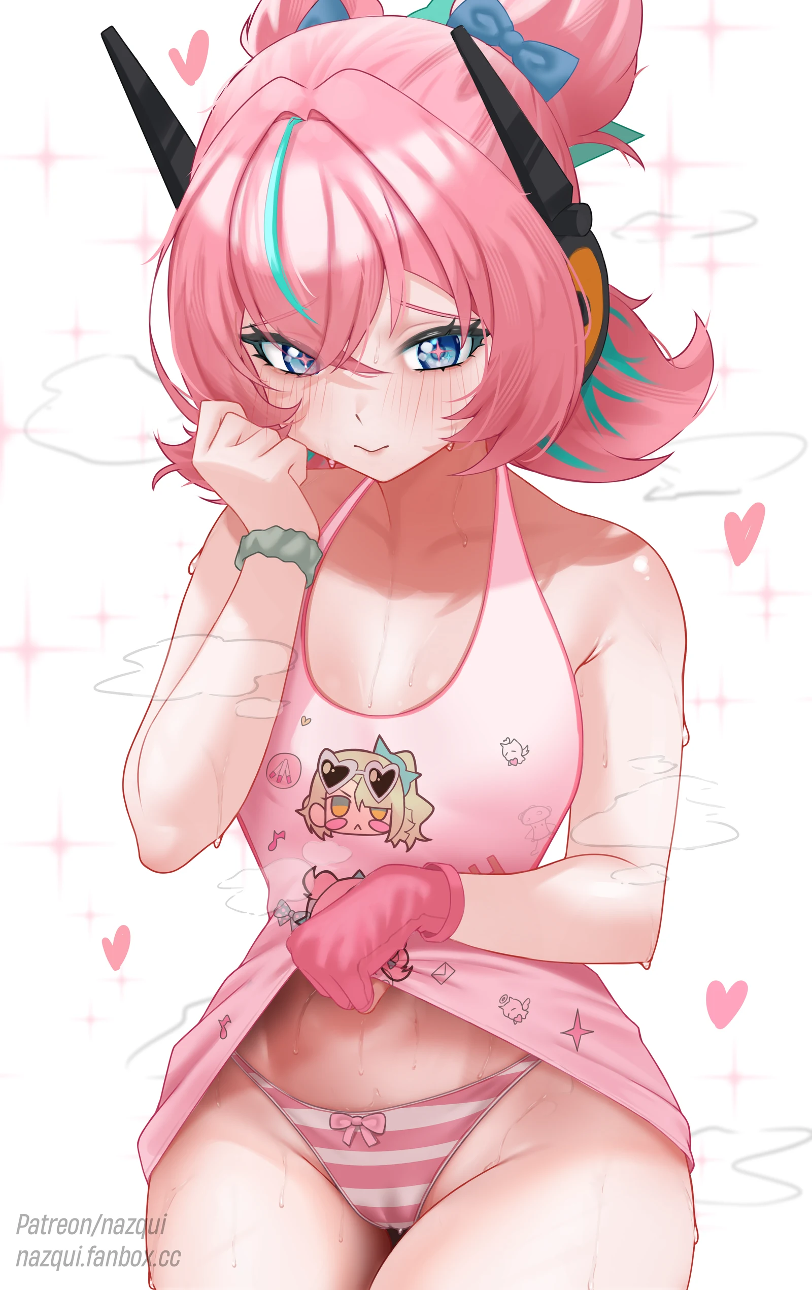 Пост #3023: nazquifgv, zenless_zone_zero, aria_(human)_(cuteness_loading)_(zenless_zone_zero), aria_(human)_(zenless_zone_zero), aria_(zenless_zone_zero), sunna_(zenless_zone_zero), 1girl, angels_of_delusion_kfc_bag, aqua_streaks, bare_shoulders, blue_bow, blue_eyes, blush, bow, bow_panties