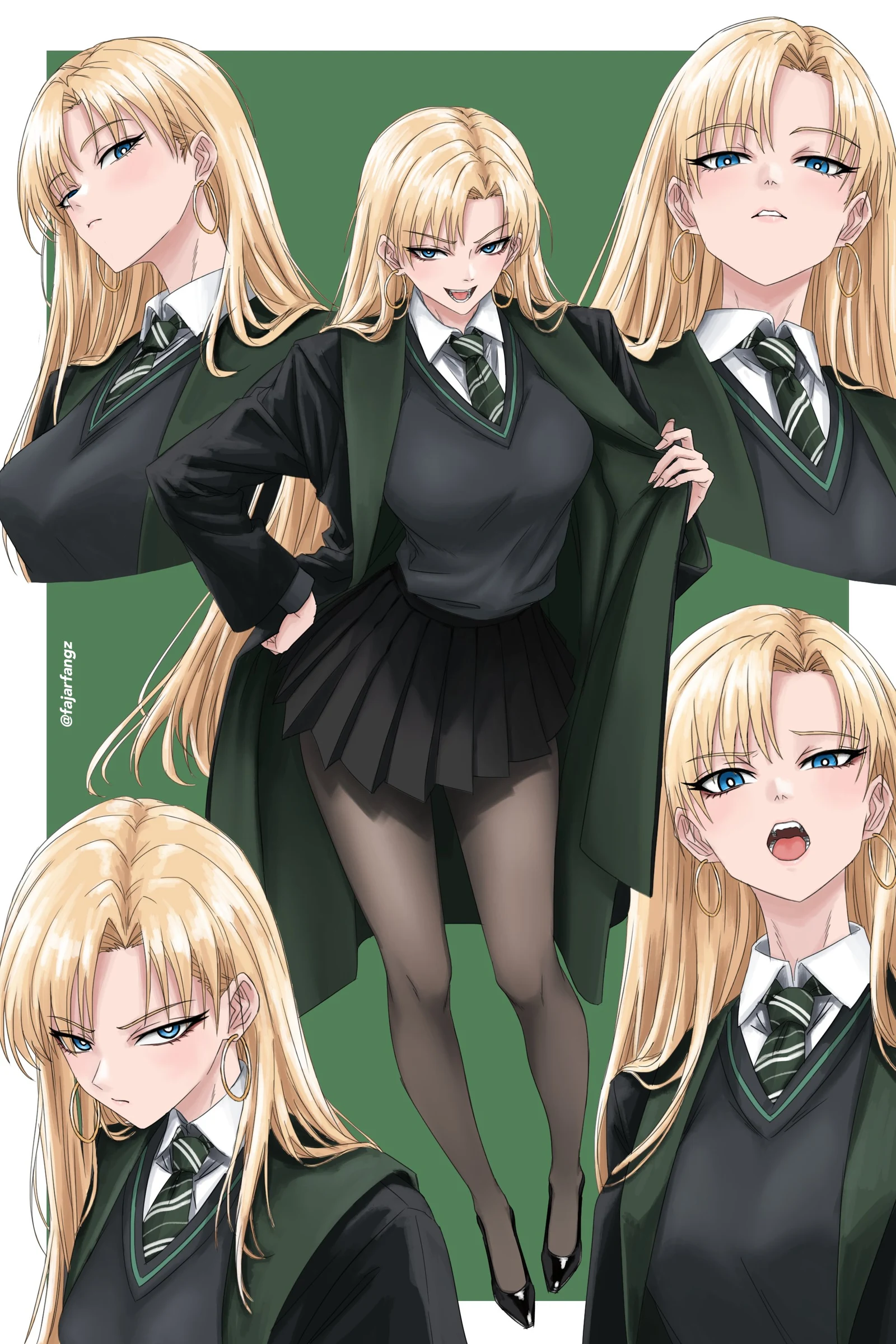 Пост #921: fangz, harry_potter_(series), wizarding_world, malfoid, 1girl, black_pantyhose, black_robe, black_skirt, blonde_hair, blue_eyes, border, breasts, curtained_hair, diagonal-striped_clothes, diagonal-striped_necktie