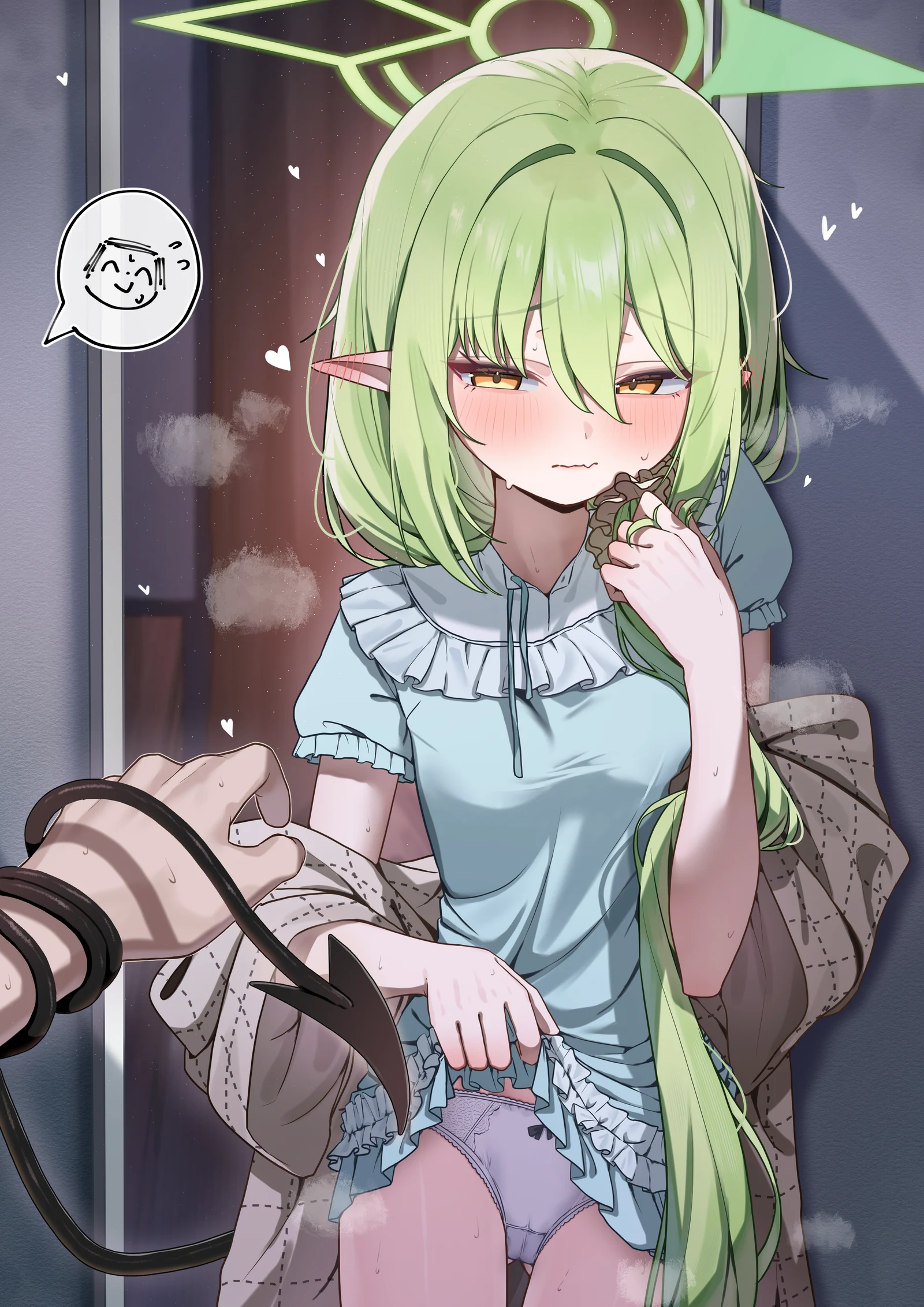 Пост #1497: uzuraa, blue_archive, doodle_sensei_(blue_archive), nozomi_(blue_archive), nozomi_(kujibikido)_(blue_archive), sensei_(blue_archive), 1boy, 1girl, black_tail, blue_nightgown, blue_pajamas, blush, bow, bow_panties, brown_scrunchie