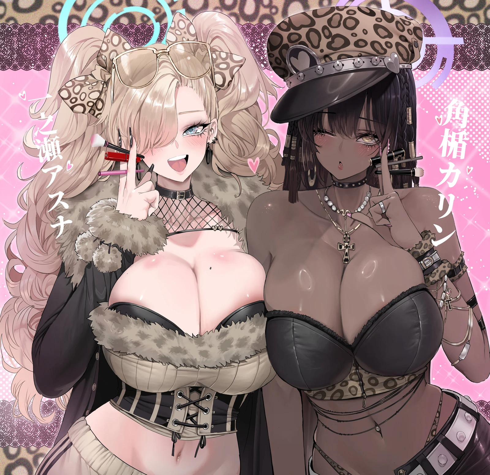 Пост #1416: dishwasher1910, blue_archive, asuna_(blue_archive), karin_(blue_archive), 2girls, alternate_costume, alternate_hairstyle, animal_print, ankh, ankh_necklace, areola_slip, bare_shoulders, black_choker, black_hair, blonde_hair
