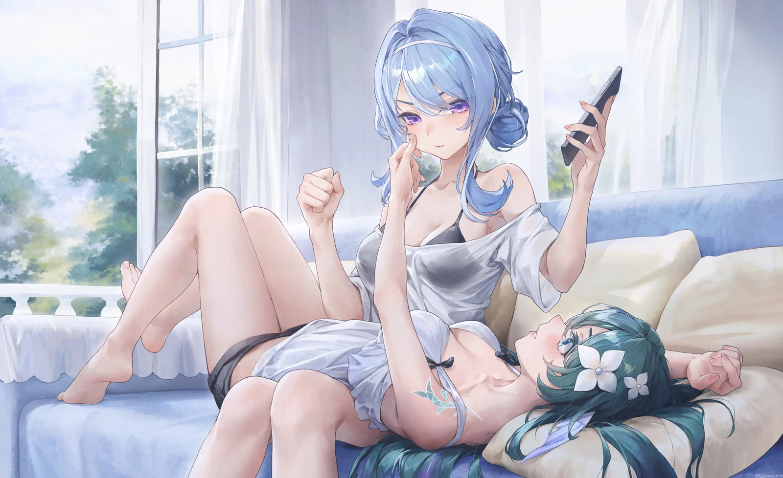 Пост #2913: swkl:d, genshin_impact, odette_(genshin_impact), vodyanitsa_(genshin_impact), 2girls, alternate_costume, bare_shoulders, barefoot, black_bra, black_shorts, blue_hair, blush, bra, breasts, cheek_pinching