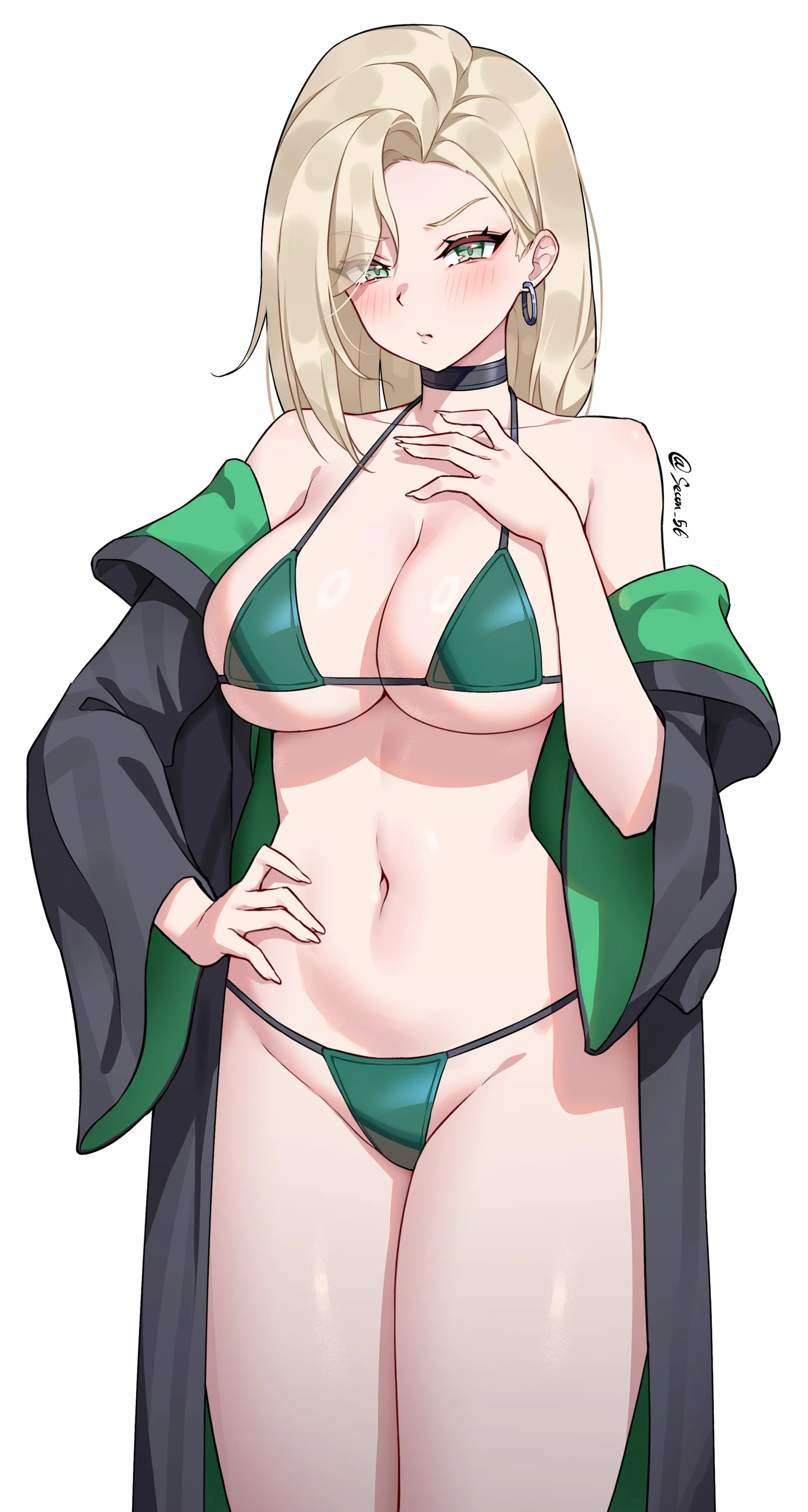 Пост #718: secon, harry_potter_(series), wizarding_world, malfoid, 1girl, bikini, black_choker, black_robe, blonde_hair, blush, breasts, choker, cleavage, cowboy_shot, earrings