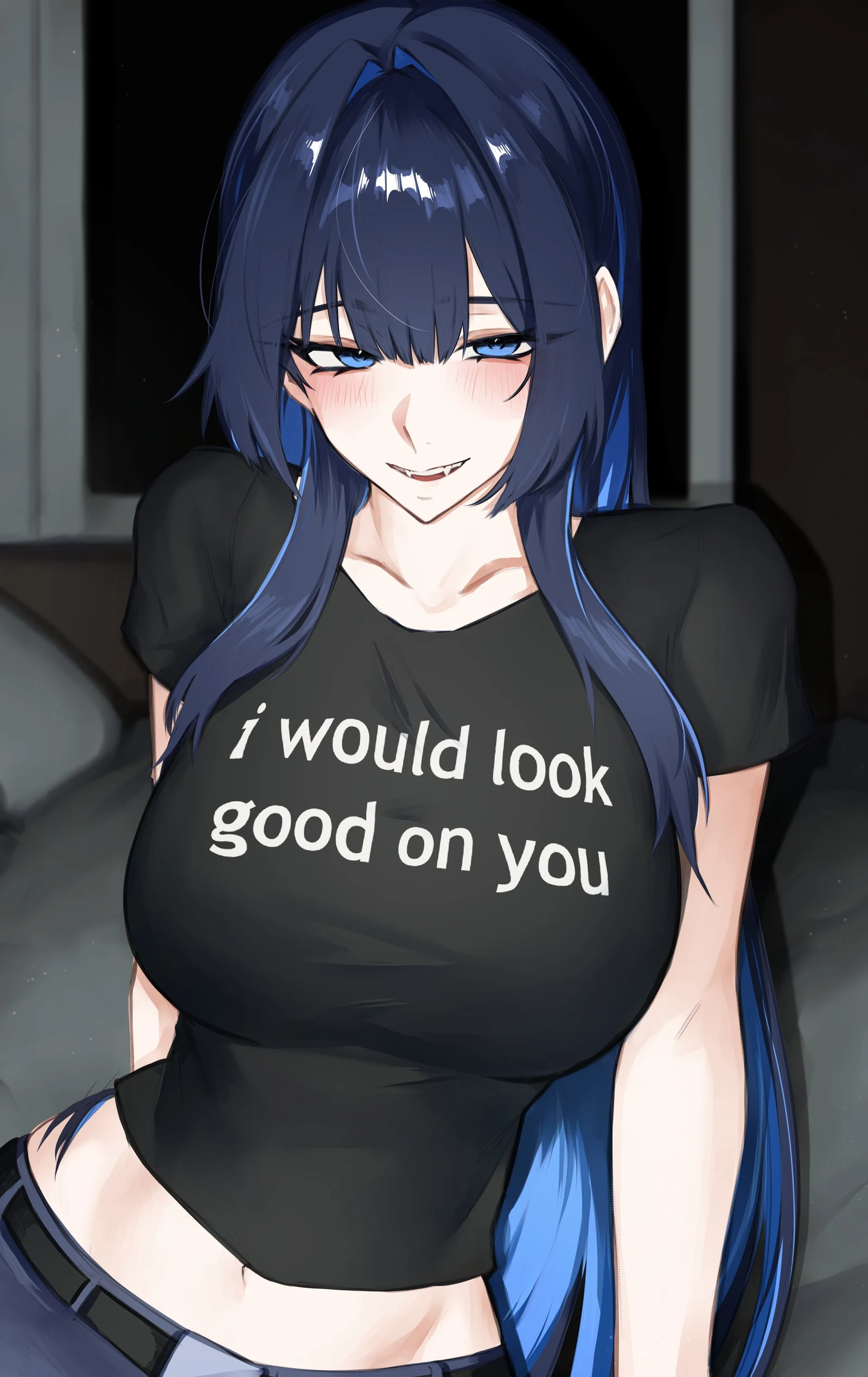 Пост #3330: hunk_404, hololive, hololive_english, ouro_kronii, :d, 1girl, alternate_costume, black_shirt, blue_eyes, blue_hair, breasts, clothes_writing, colored_inner_hair, english_text, fuck-me_shirt