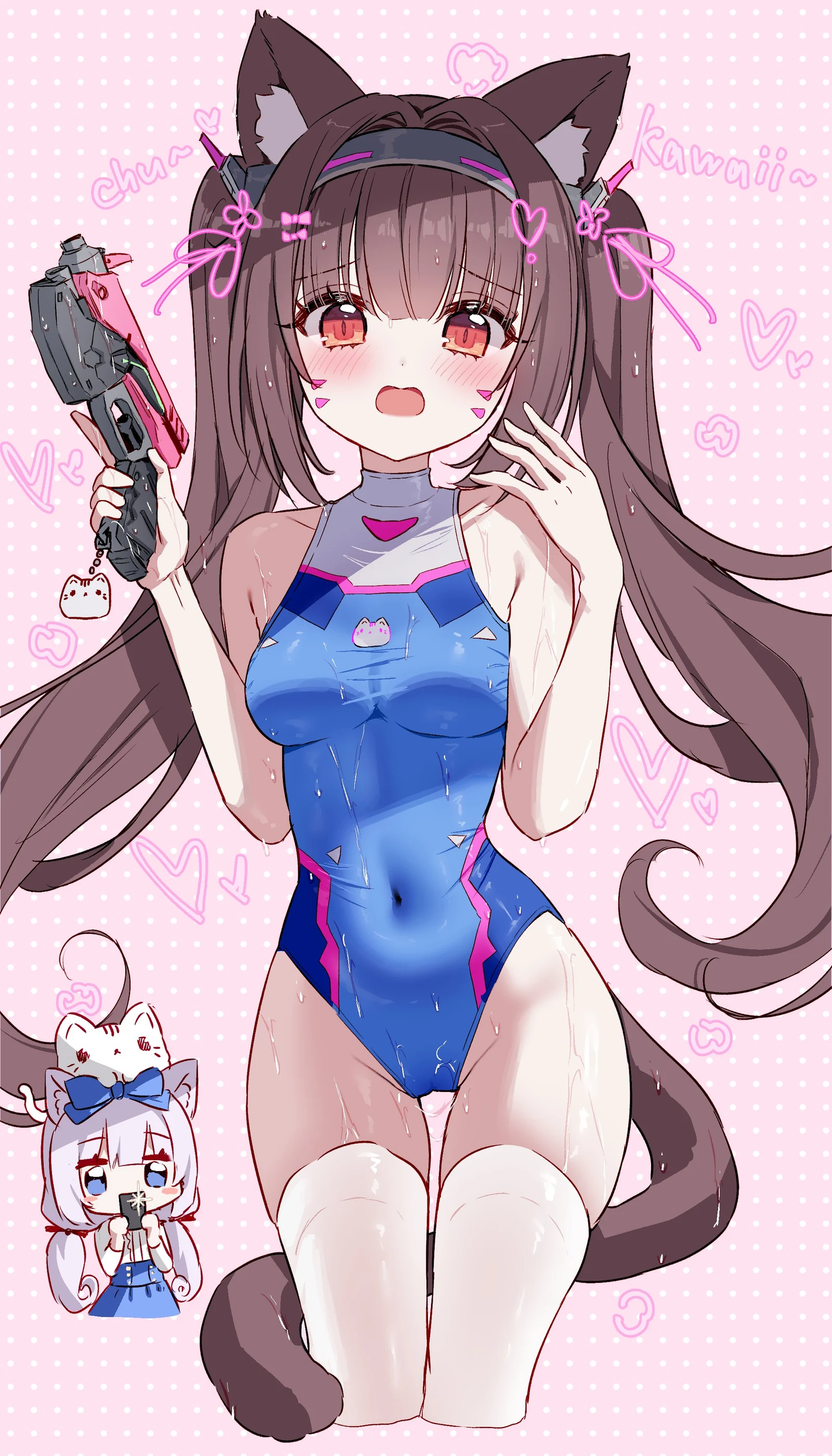 Пост #2691: tandohark, nekopara, overwatch, chocola_(nekopara), d.va_(overwatch), vanilla_(nekopara), 2girls, animal_on_head, blue_leotard, blue_skirt, blush, breasts, brown_hair, cameltoe, cat