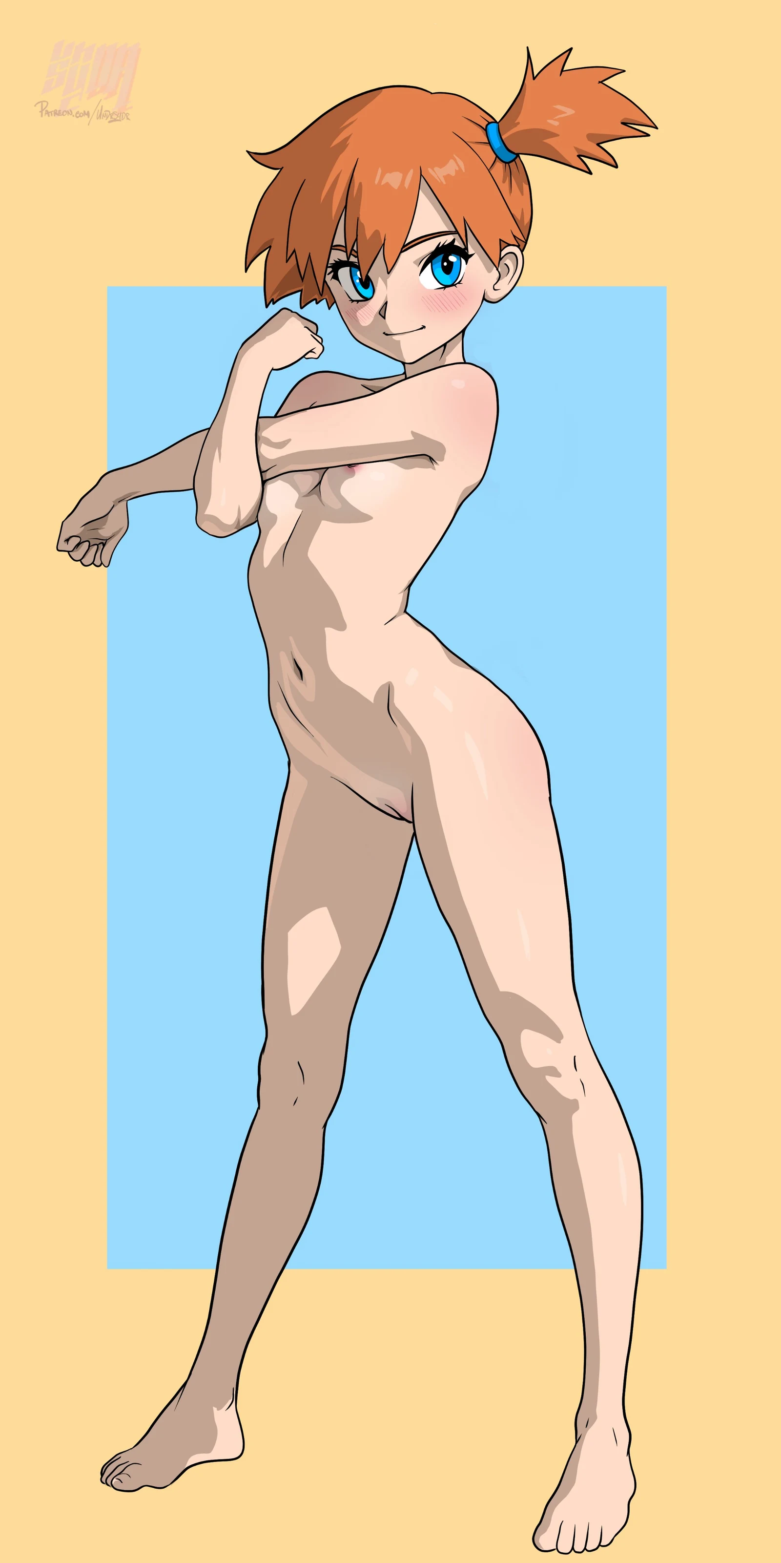 Пост #4032: undrsydr, pokemon, pokemon_(anime), pokemon_(classic_anime), misty_(pokemon), 1girl, barefoot, blue_background, blue_eyes, blush, border, breasts, completely_nude, feet, full_body