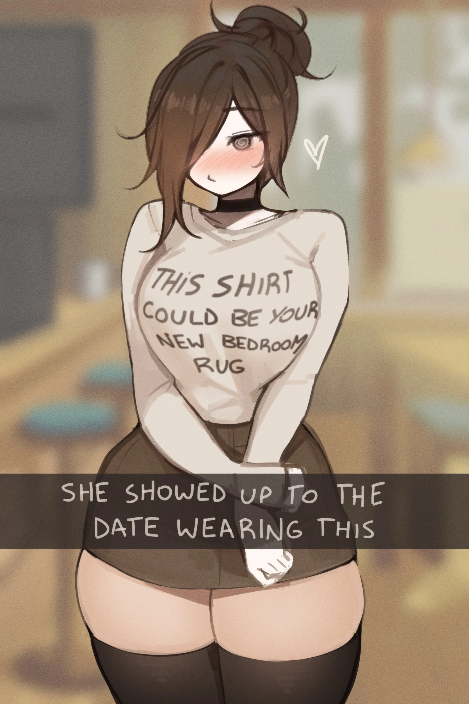 Пост #2648: sky_above_me, indie_virtual_youtuber, instagram, sky_above_me_(vtuber), @_@, 1girl, bar_stool, black_choker, black_thighhighs, blurry, blurry_background, blush, breasts, brown_eyes, brown_hair
