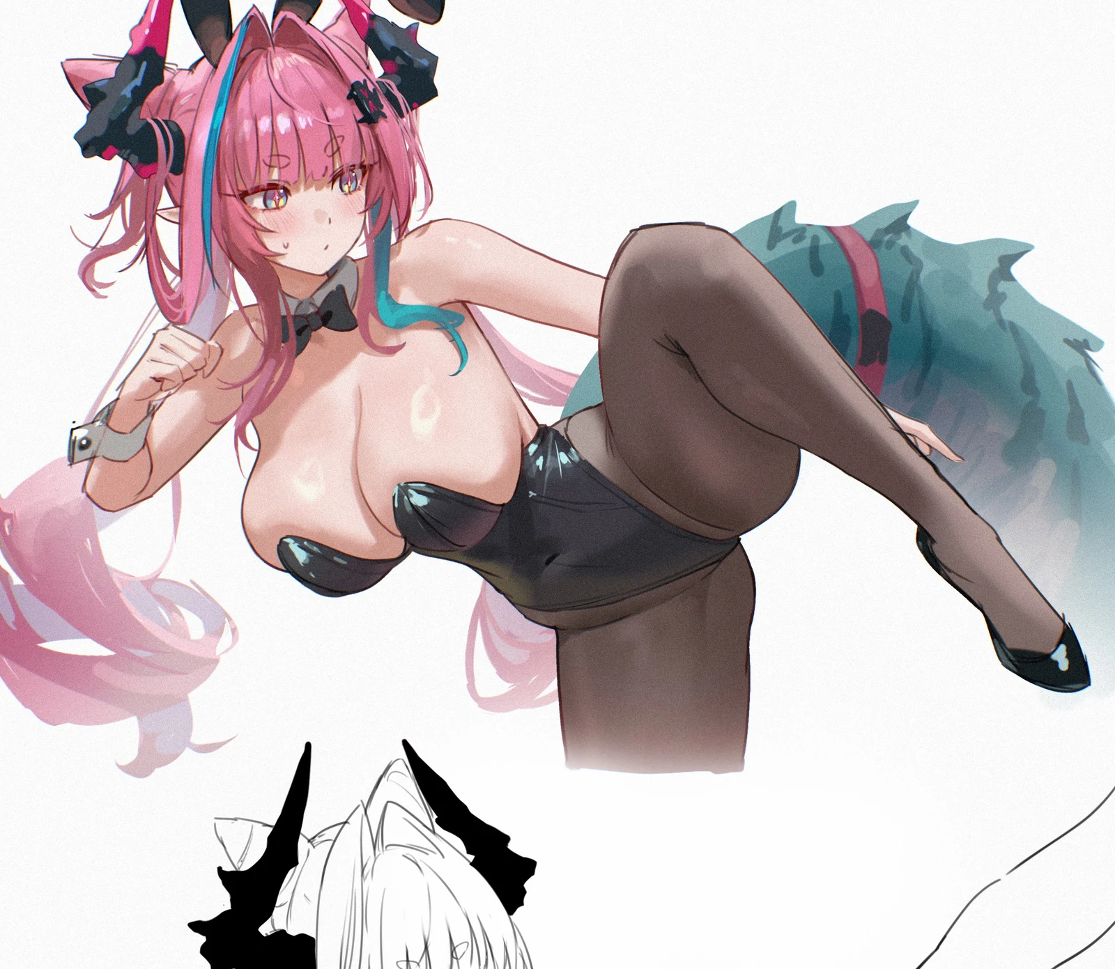 Пост #1417: uof, arknights, arknights:_endfield, yvonne_(arknights), 1girl, alternate_costume, animal_ear_hairband, animal_ears, black_bow, black_bowtie, black_leotard, black_pantyhose, blush, bow, bowtie