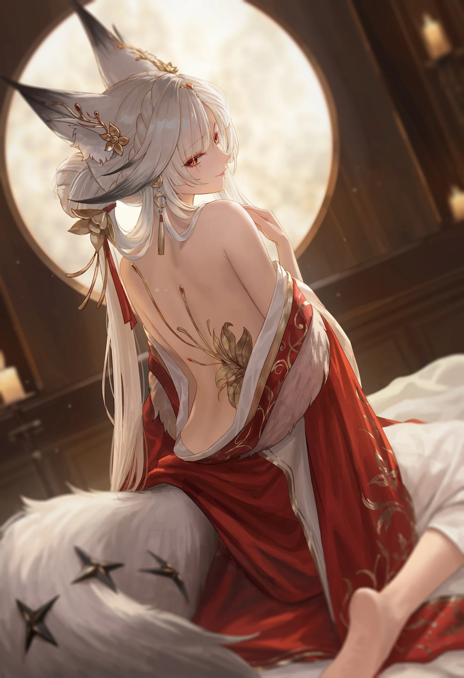 Пост #1190: ddcc0123, wuthering_waves, hsin_(wuthering_waves), 1girl, animal_ear_fluff, animal_ears, bare_shoulders, barefoot, chest_tattoo, closed_mouth, fox_ears, fox_girl, fox_tail, from_behind, hair_ornament