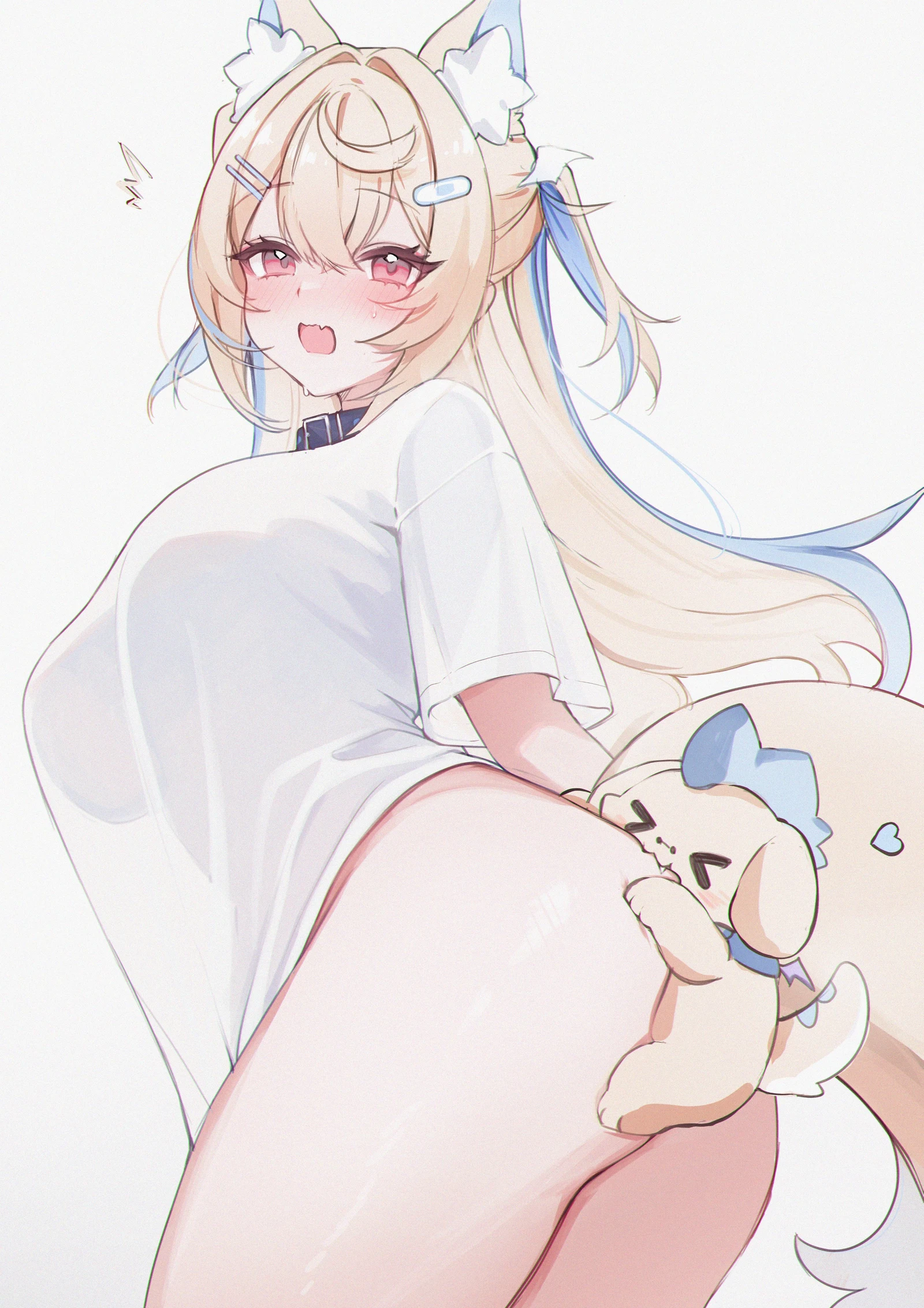 Пост #2287: koahri, hololive, hololive_english, fuwawa_abyssgard, ruffian_(fuwamoco), 1girl, animal_ears, ass, bandaid, bandaid_hair_ornament, biting, biting_ass, blonde_hair, blue_collar, blue_hair