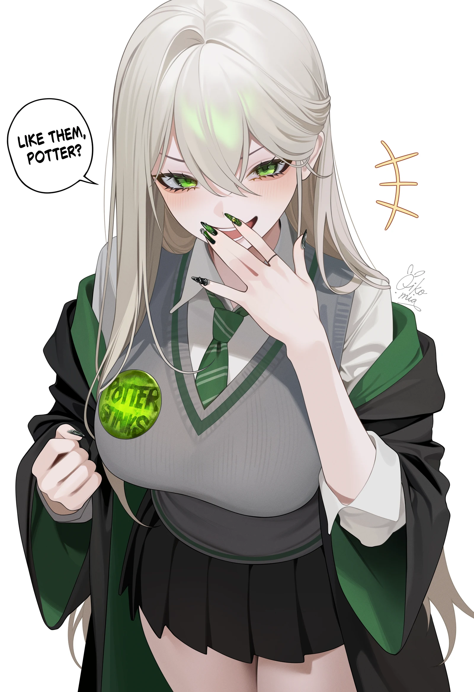 Пост #851: oikomia, harry_potter_(series), wizarding_world, malfoid, +++, 1girl, artist_name, badge, black_robe, black_skirt, blonde_hair, blush, breasts, button_badge, collared_shirt