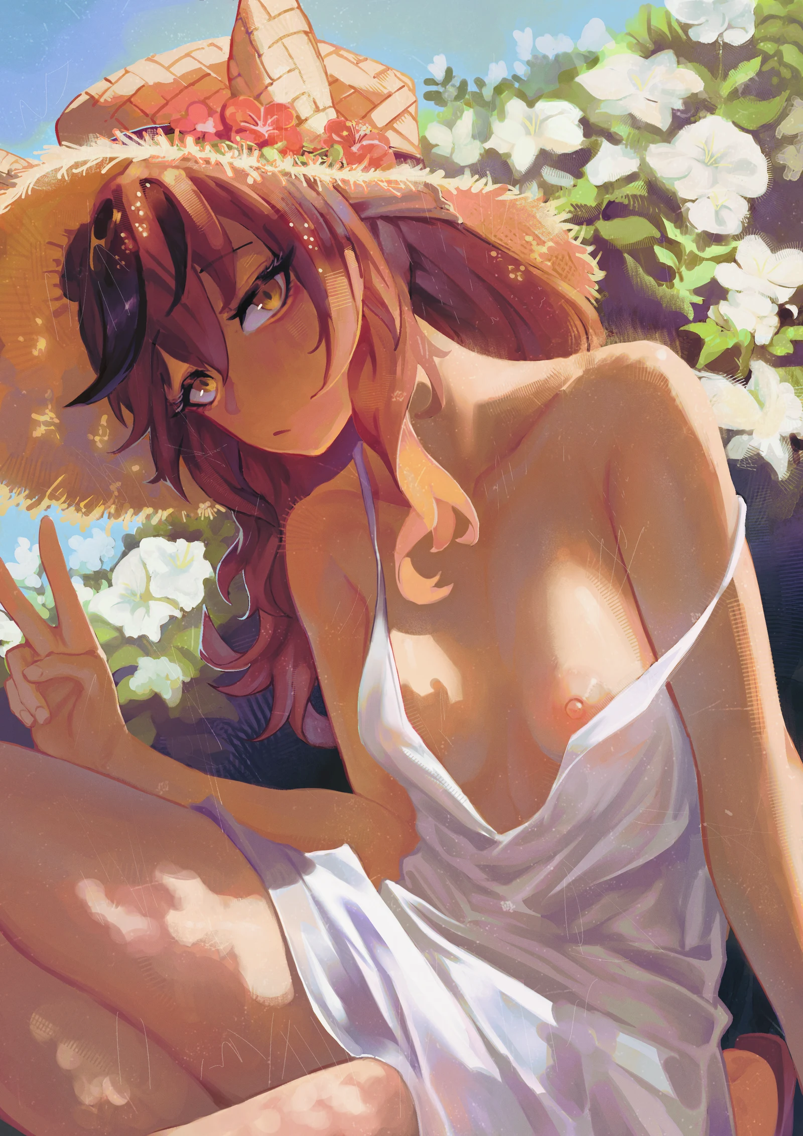 Пост #1250: bahhkarh, umamusume, nice_nature_(umamusume), :/, 1girl, animal_ears, breasts, brown_eyes, brown_hair, closed_mouth, dappled_sunlight, day, dress, flower, hat