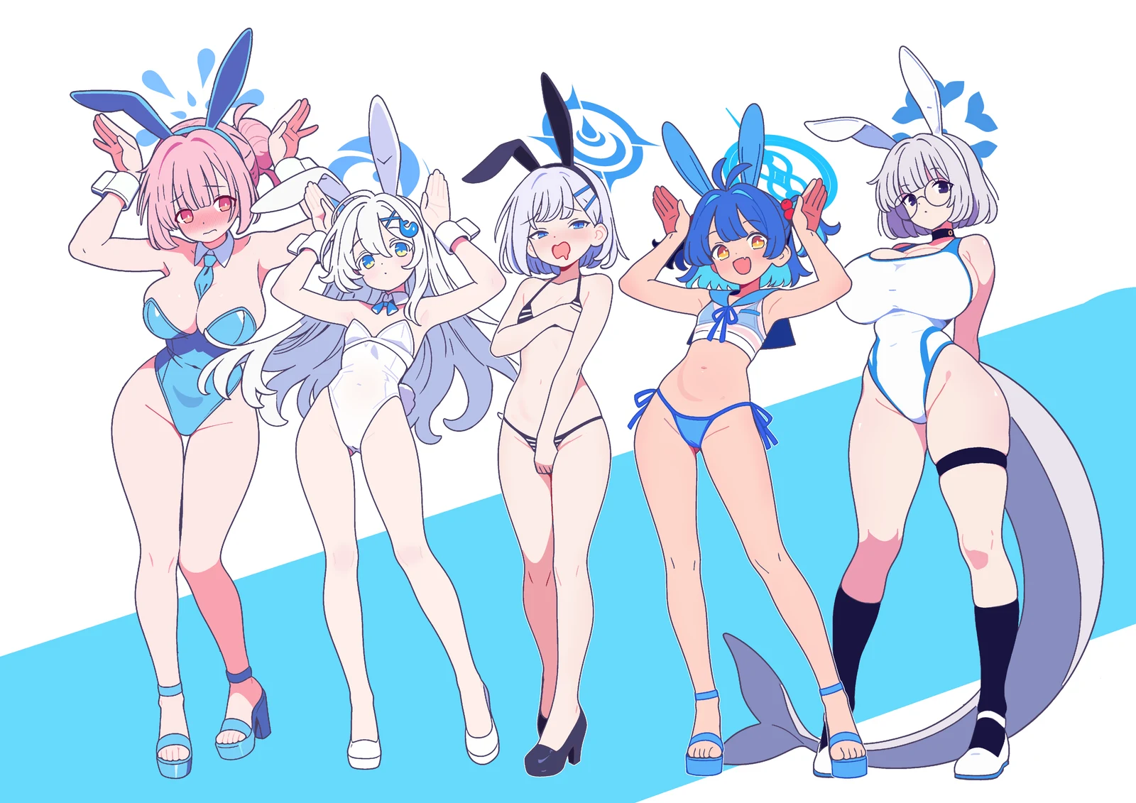 Пост #2386: otomii, blue_archive, kokoro_(blue_archive), kotone_(blue_archive), makina_(blue_archive), sayuri_(blue_archive), sumika_(blue_archive), 5girls, ahoge, animal_ears, antenna_hair, armpits, ass_visible_through_thighs, between_breasts, bikini