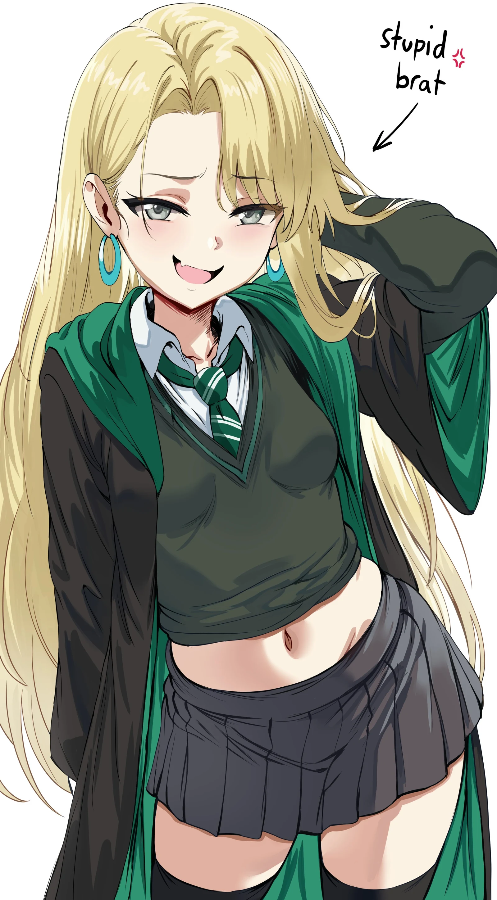 Пост #485: head_cha_la, harry_potter_(series), wizarding_world, malfoid, 1girl, arm_behind_head, arm_up, arrow_(symbol), black_skirt, black_thighhighs, blonde_hair, blush, contrapposto, diagonal-striped_clothes, diagonal-striped_necktie