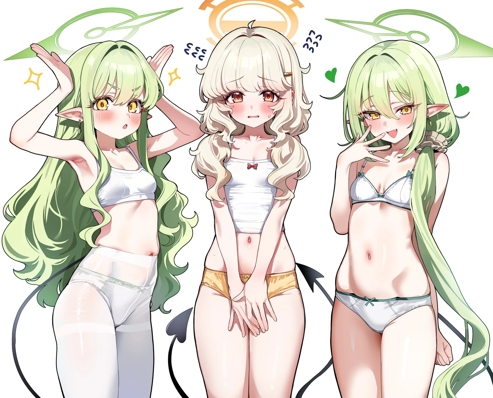 Пост #137: sak_(lemondisk), blue_archive, aoba_(blue_archive), hikari_(blue_archive), nozomi_(blue_archive), 3girls, armpits, bare_shoulders, blush, bow, bow_panties, bra, breasts, camisole, fang