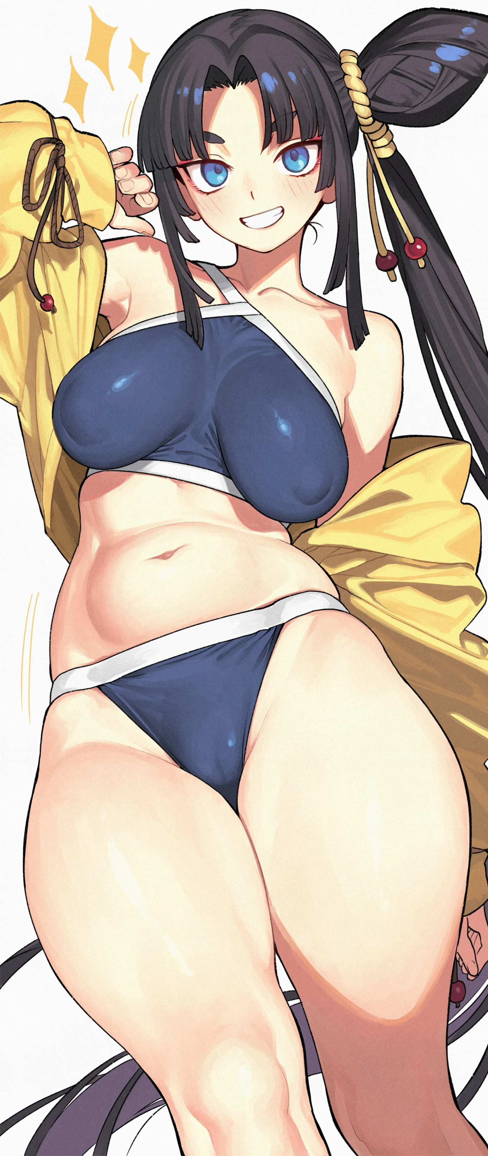 Пост #2451: kamisato_sora, fate_(series), fate/grand_order, ushiwakamaru_(fate), ushiwakamaru_(swimsuit_assassin)_(first_ascension)_(fate), 1girl, bare_shoulders, bikini, black_hair, blue_bikini, blue_eyes, breasts, covered_nipples, grin, hair_bun
