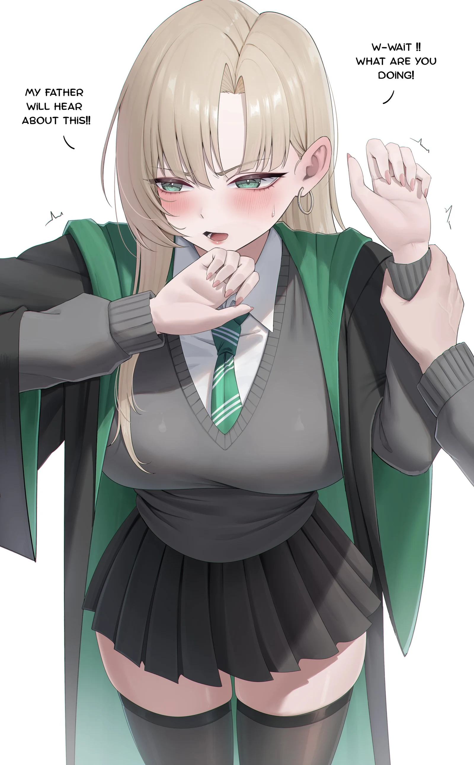 Пост #846: rayn3, harry_potter_(series), wizarding_world, malfoid, ^^^, 1girl, averting_eyes, black_robe, black_skirt, black_thighhighs, blonde_hair, blush, breasts, collared_shirt, cowboy_shot