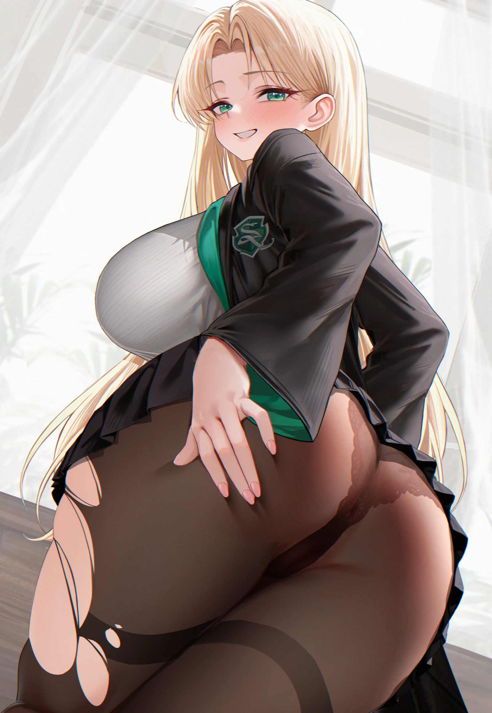 Пост #600: akipopopopoon, harry_potter_(series), wizarding_world, malfoid, 1girl, ass, black_panties, black_robe, black_skirt, blonde_hair, blush, breasts, brown_pantyhose, curtained_hair, curtains