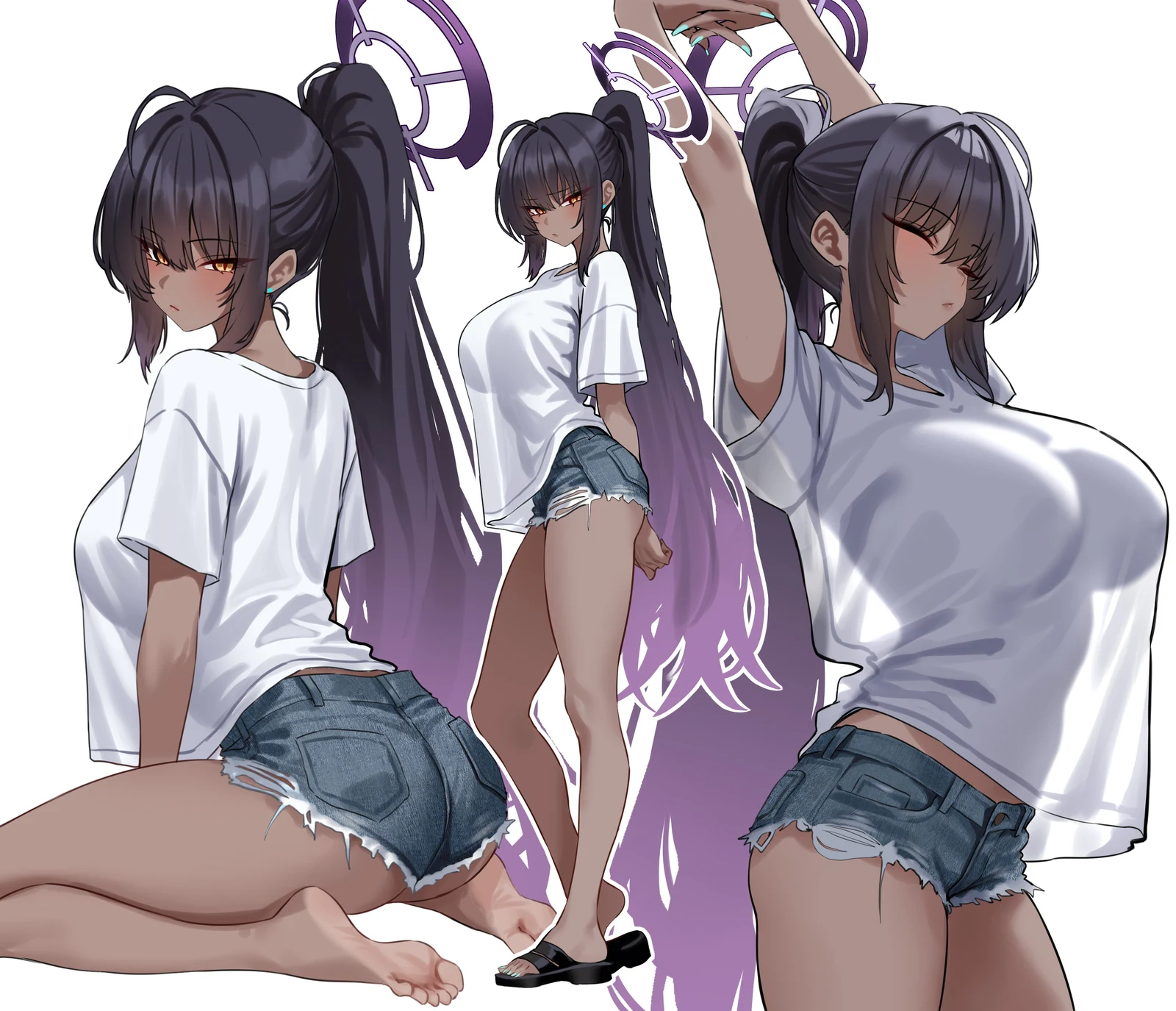 Пост #1322: shigure_s, blue_archive, karin_(blue_archive), 1girl, alternate_costume, arms_up, artistic_error, ass, barefoot, black_hair, blush, breasts, closed_eyes, closed_mouth, dark_skin