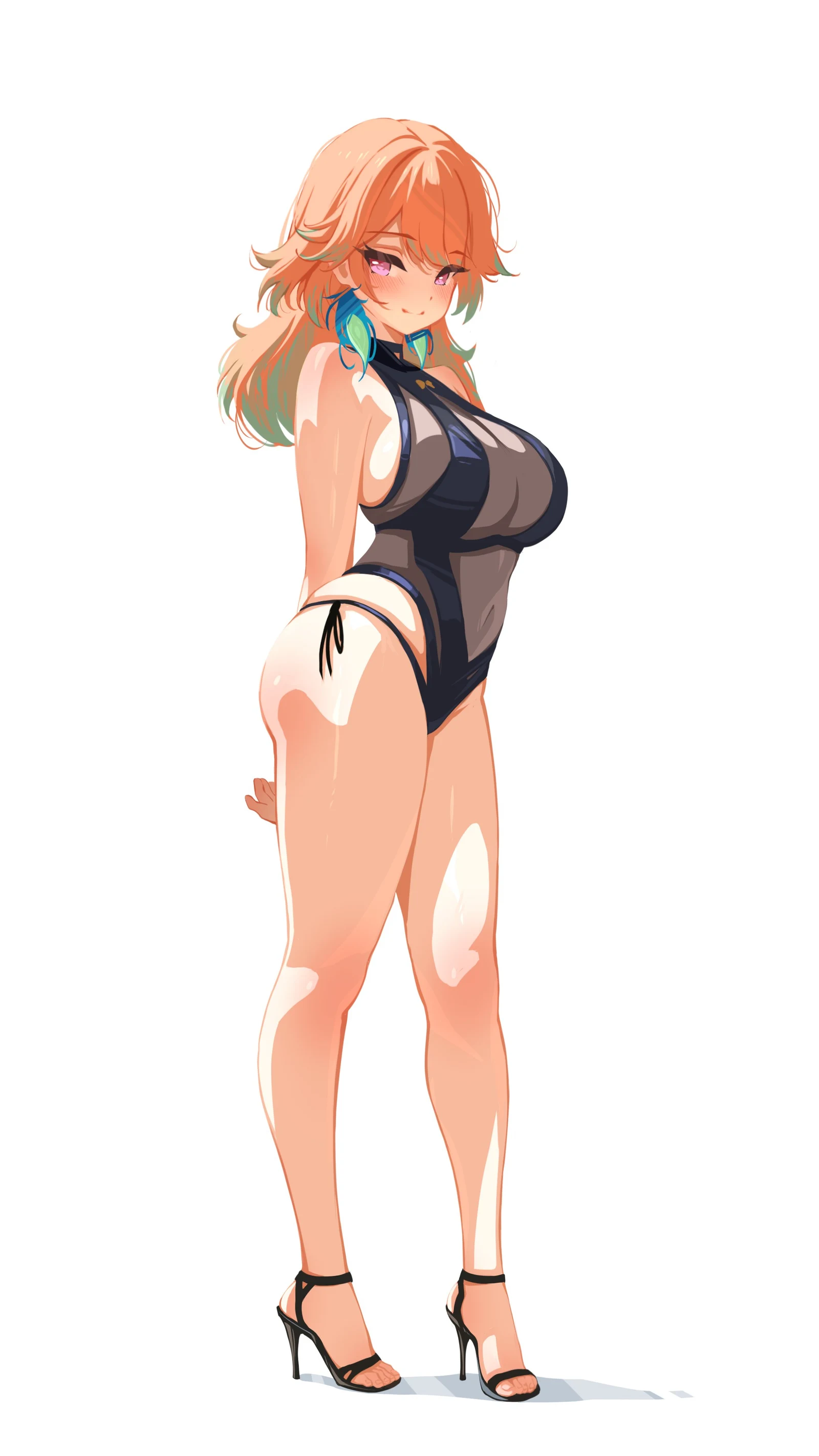 Пост #2327: sansha_art, hololive, hololive_english, perfume_(takanashi_kiara), takanashi_kiara, takanashi_kiara_(perfume_swimsuit), 1girl, arms_behind_back, bare_legs, breasts, cleavage, covered_navel, curvy, earrings, feather_earrings