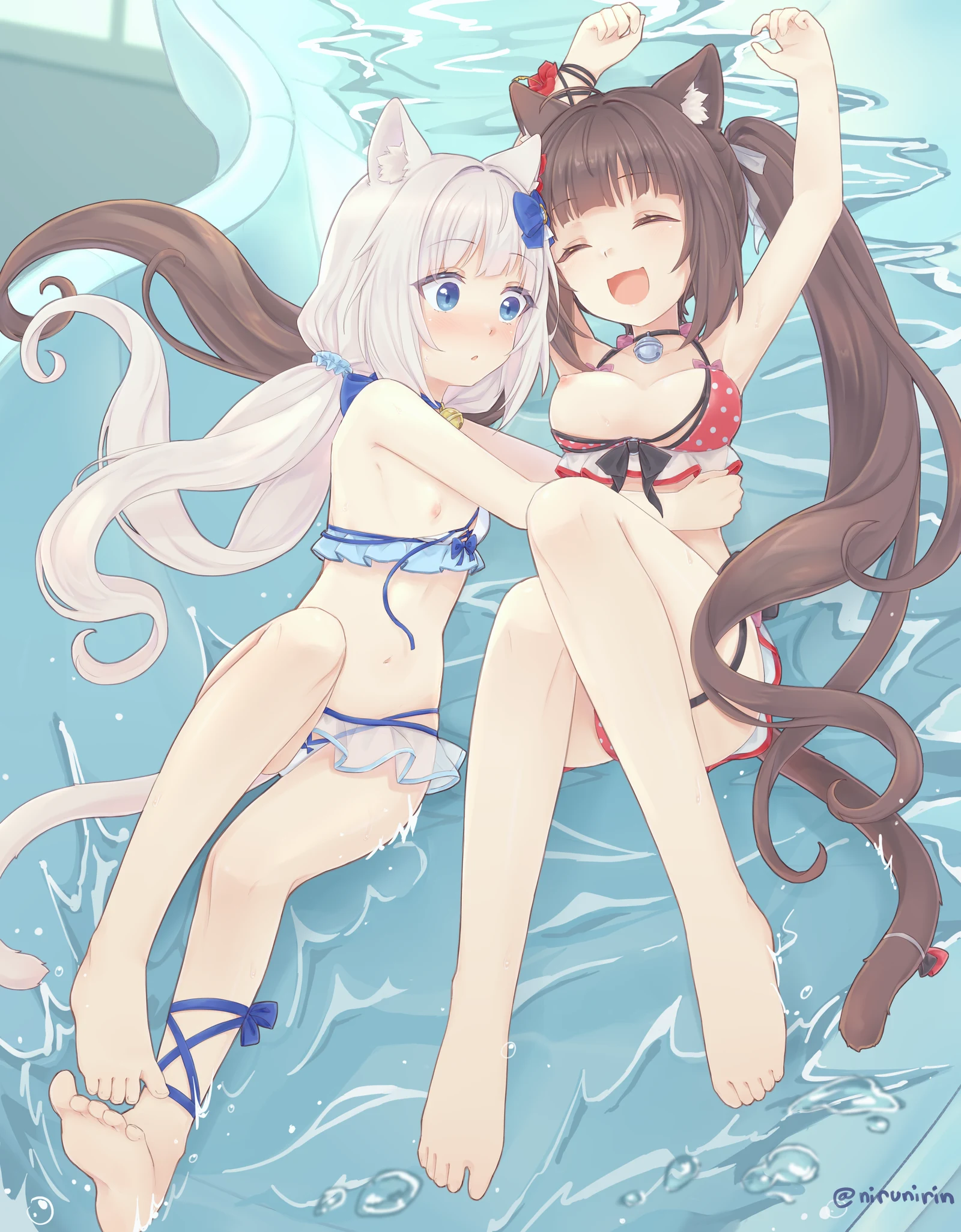 Пост #2720: nirunirin, nekopara, chocola_(nekopara), vanilla_(nekopara), :d, ^_^, 2girls, ahoge, animal_ear_fluff, animal_ears, arm_ribbon, armpits, arms_up, barefoot, bell