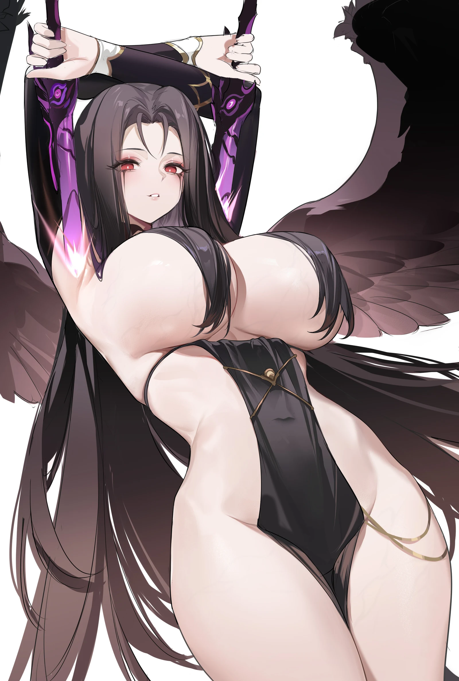 Пост #100: miqilinfeizainie, brown_dust, brown_dust_(series), brown_dust_2, olivier_(brown_dust), olivier_(fallen_wings)_(brown_dust), 1girl, armpits, arms_up, black_hair, black_wings, breasts, cleavage, clothes_between_thighs, convenient_hair