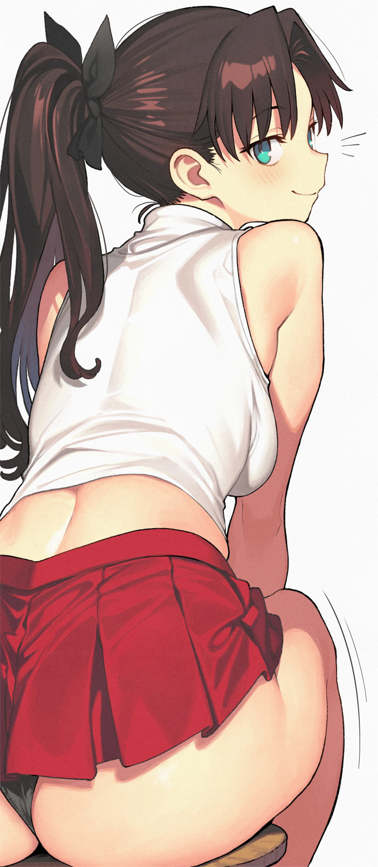Пост #3048: kamisato_sora, fate_(series), fate/stay_night, fate/unlimited_blade_works, tohsaka_rin, 1girl, aqua_eyes, ass, black_panties, black_ribbon, breasts, brown_hair, chair, crop_top, hair_ornament