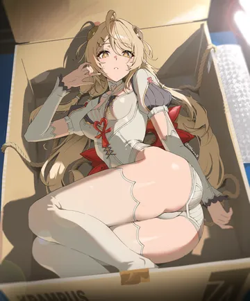 Пост #3507: nvl, zenless zone zero, phoenix reffaella, 1girl, ahoge, ass, blonde hair, box